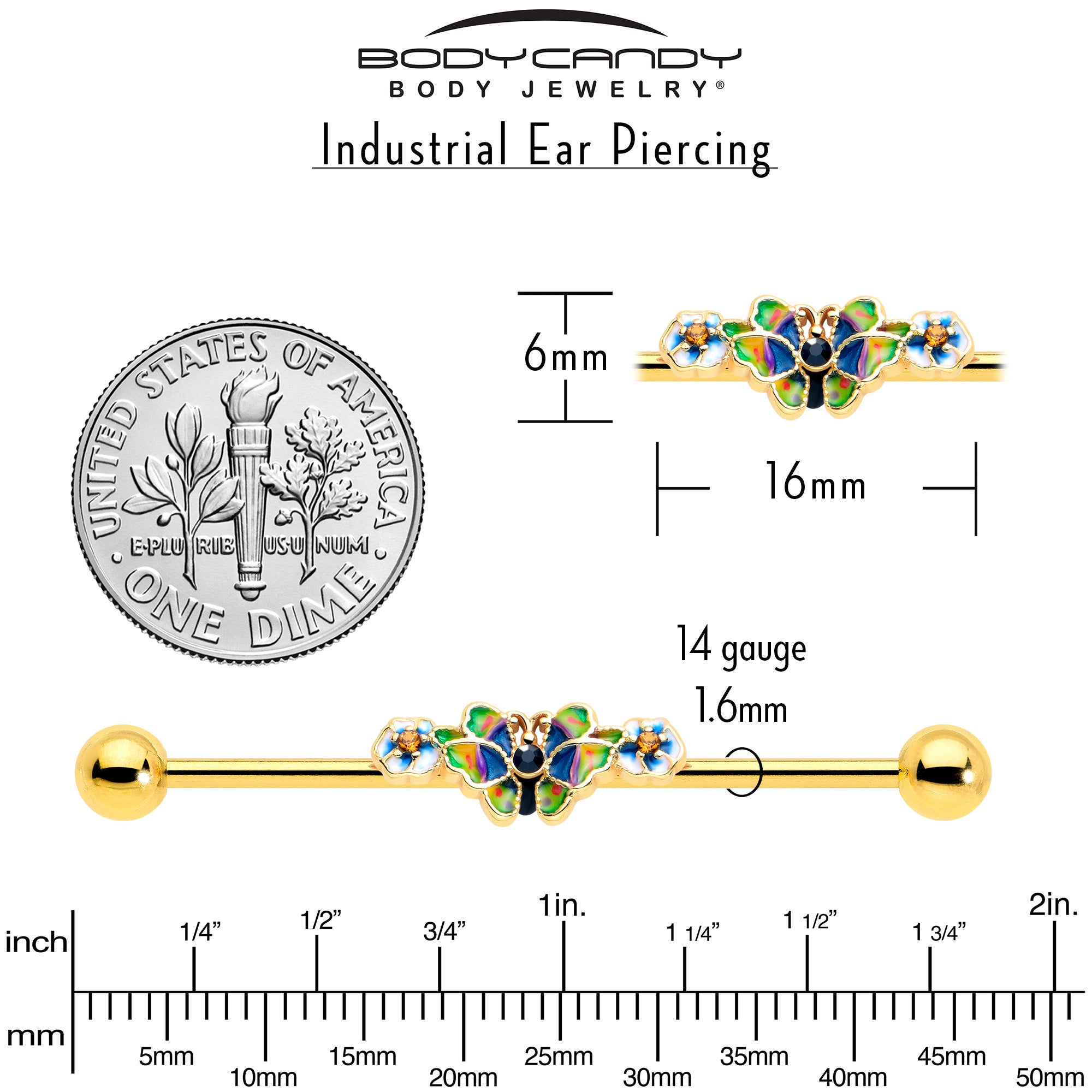 14 Gauge Gold Tone Butterfly Industrial Barbell Blue Gem