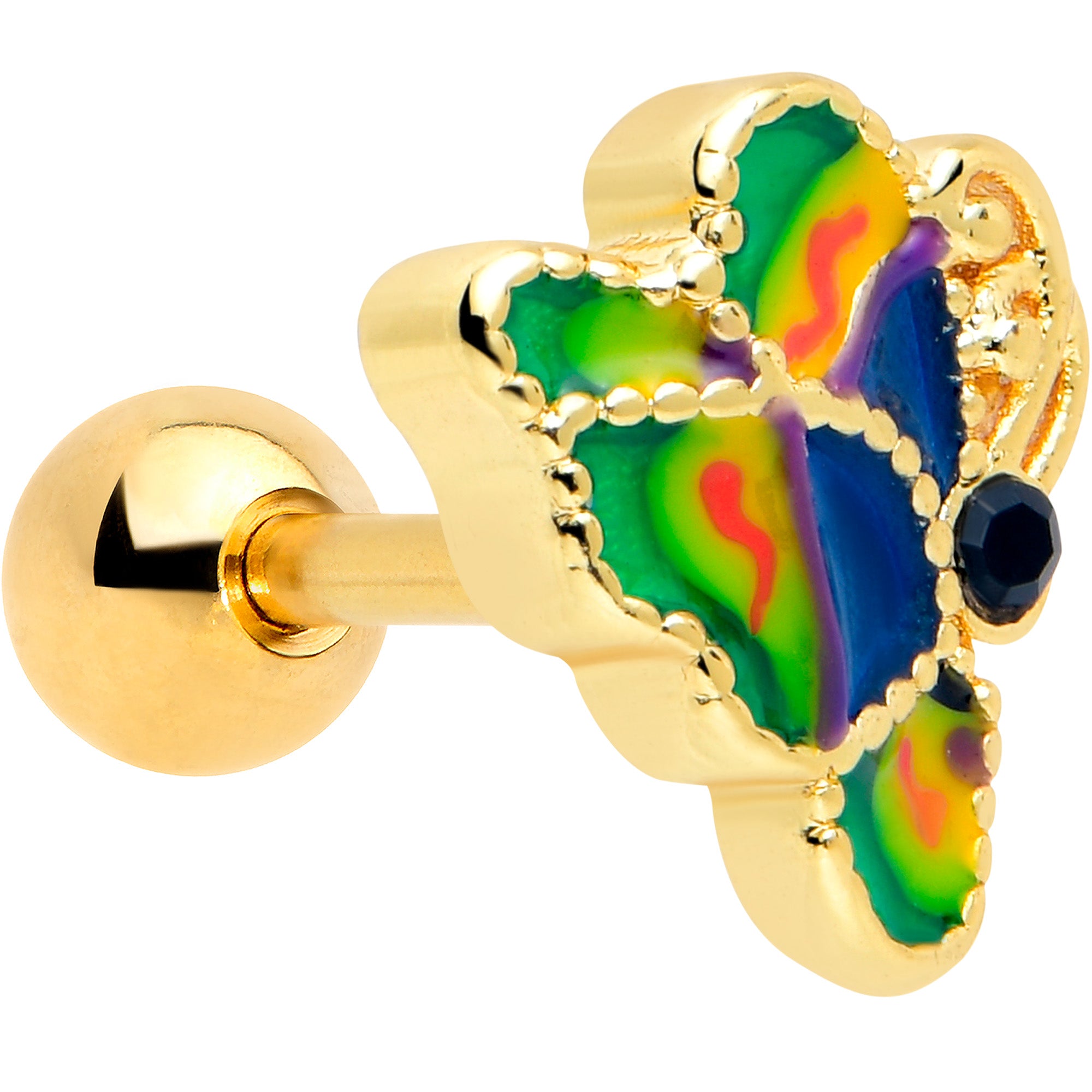 16 Gauge 1/4 Blue Gem Gold Tone Butterfly Colors Cartilage Earring