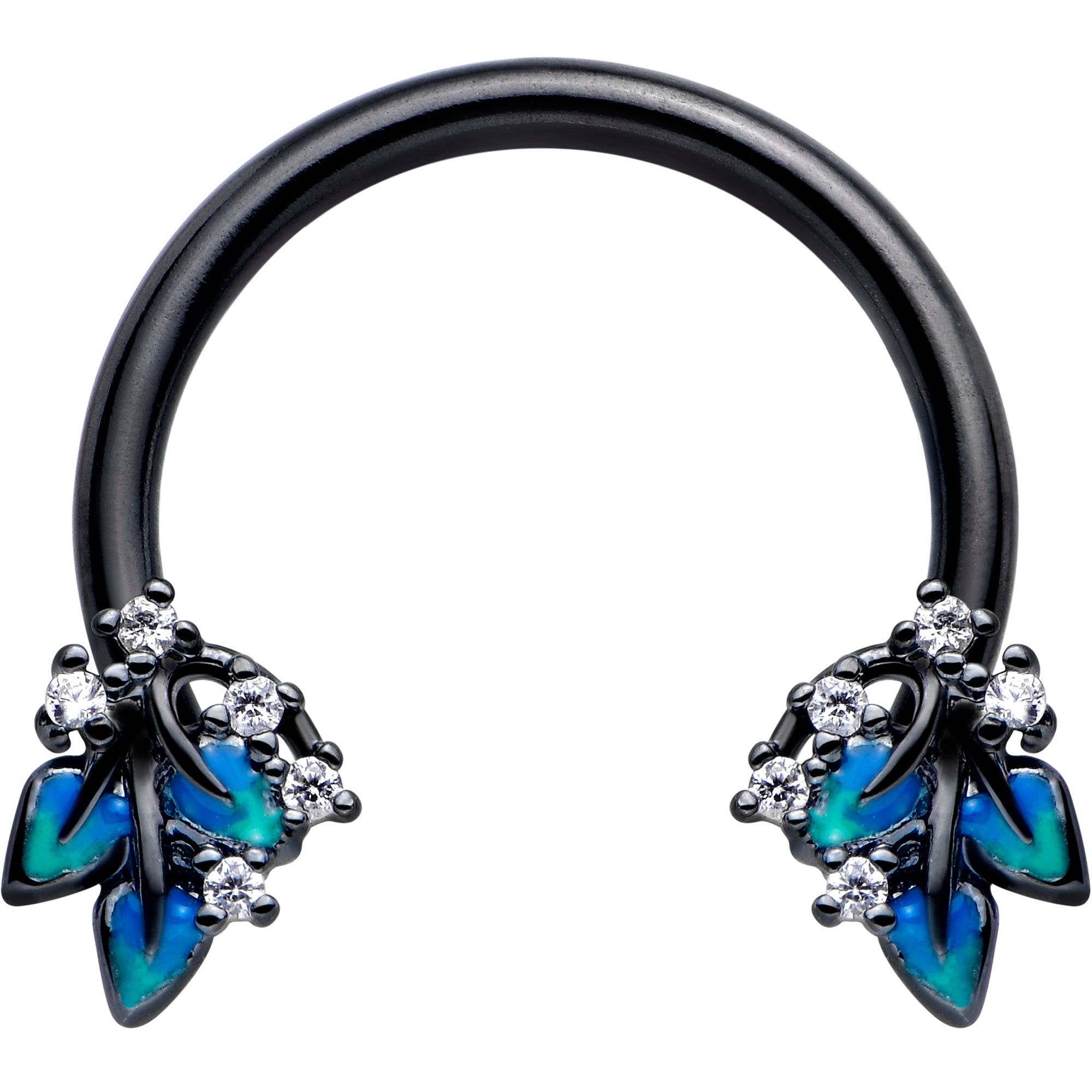 16 Gauge 3/8 Clear CZ Gem Black Lush Leaves Circular Barbell Horseshoe
