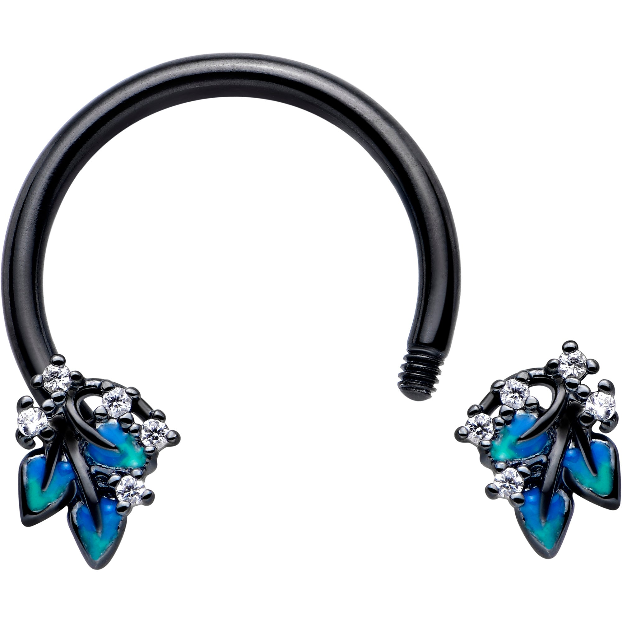16 Gauge 3/8 Clear CZ Gem Black Leaves Circular Barbell Horseshoe