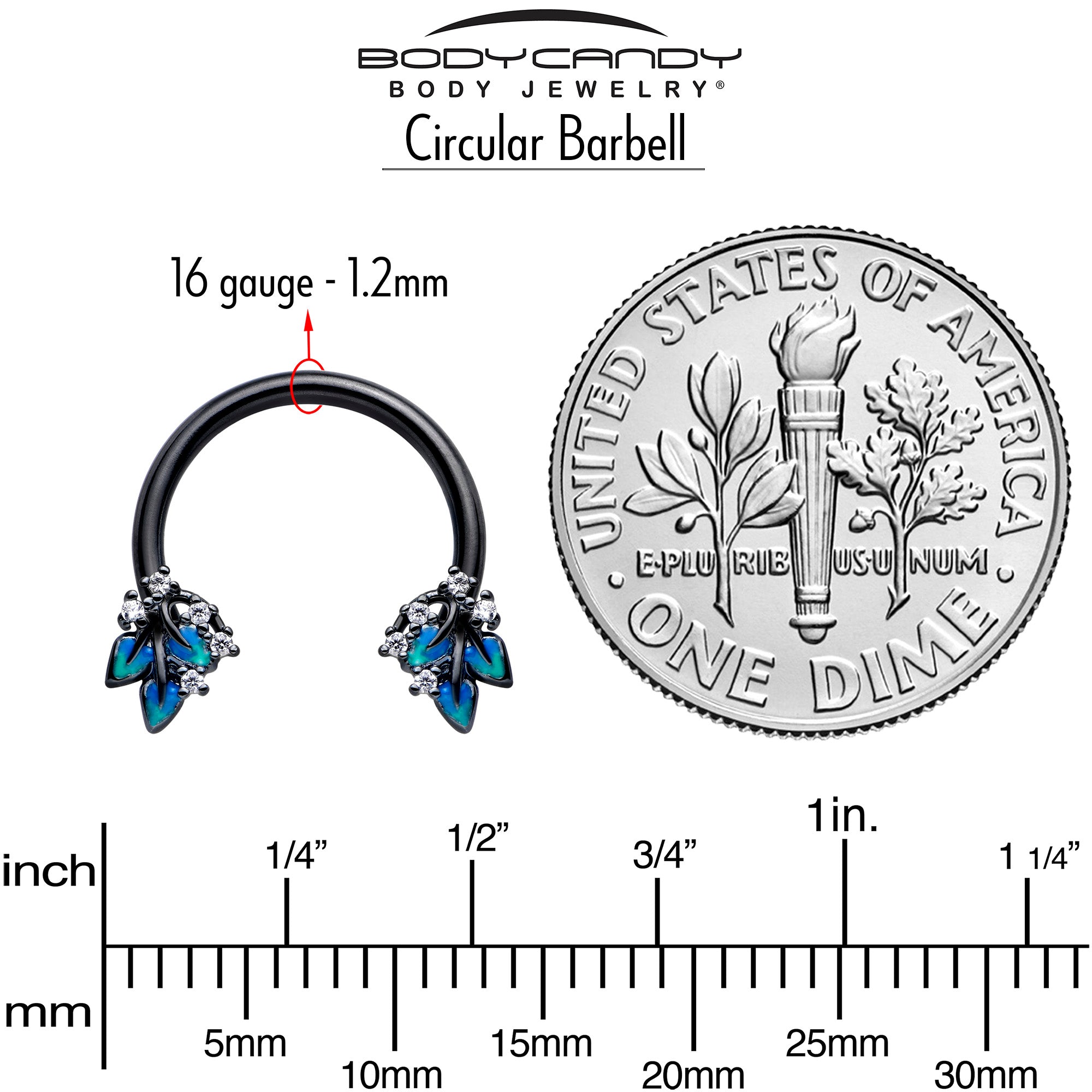 16 Gauge 3/8 Circular Barbell with Clear CZ Gem Black Lush Leaves