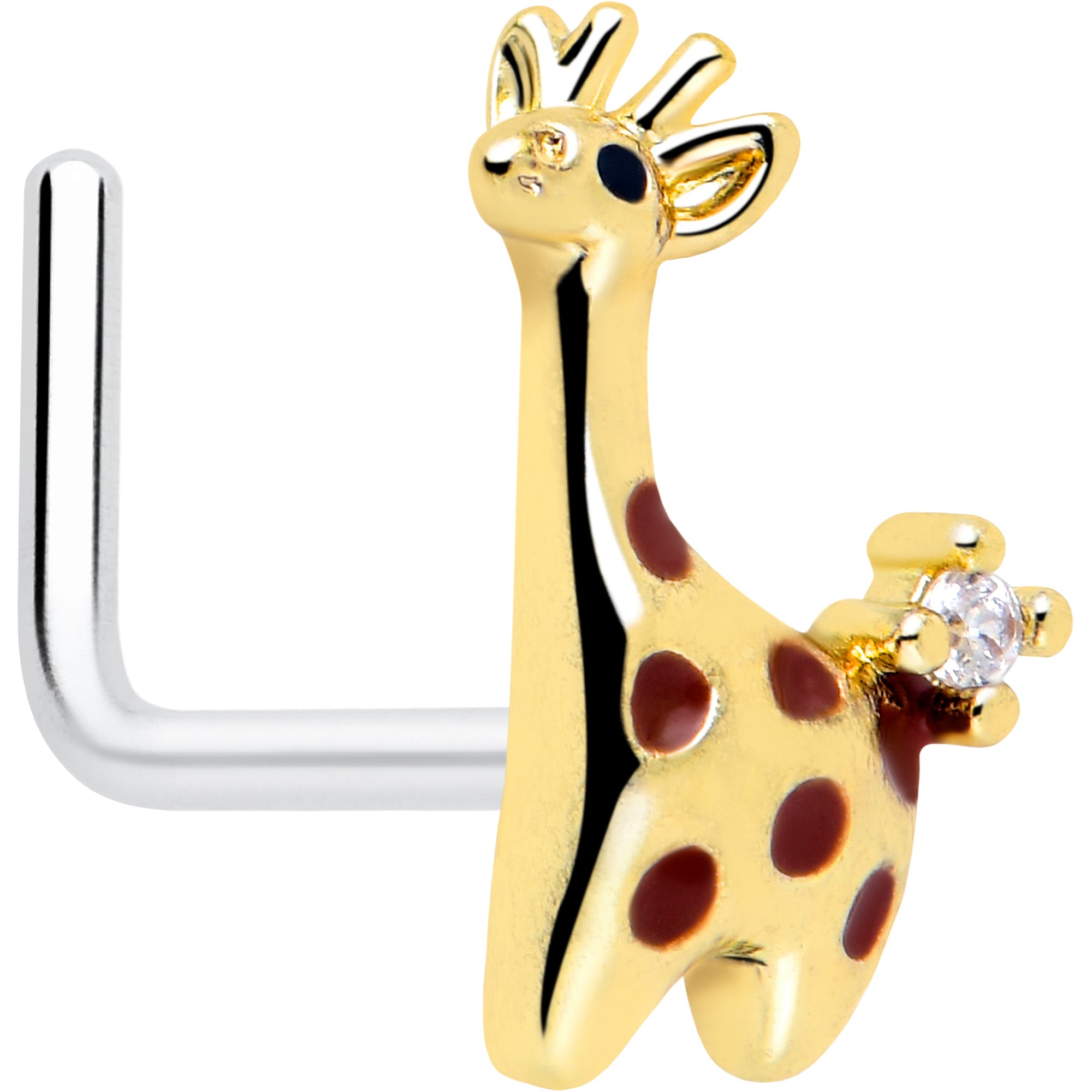 20 Gauge Clear CZ Gem Golden Giraffe L Shape Nose Ring