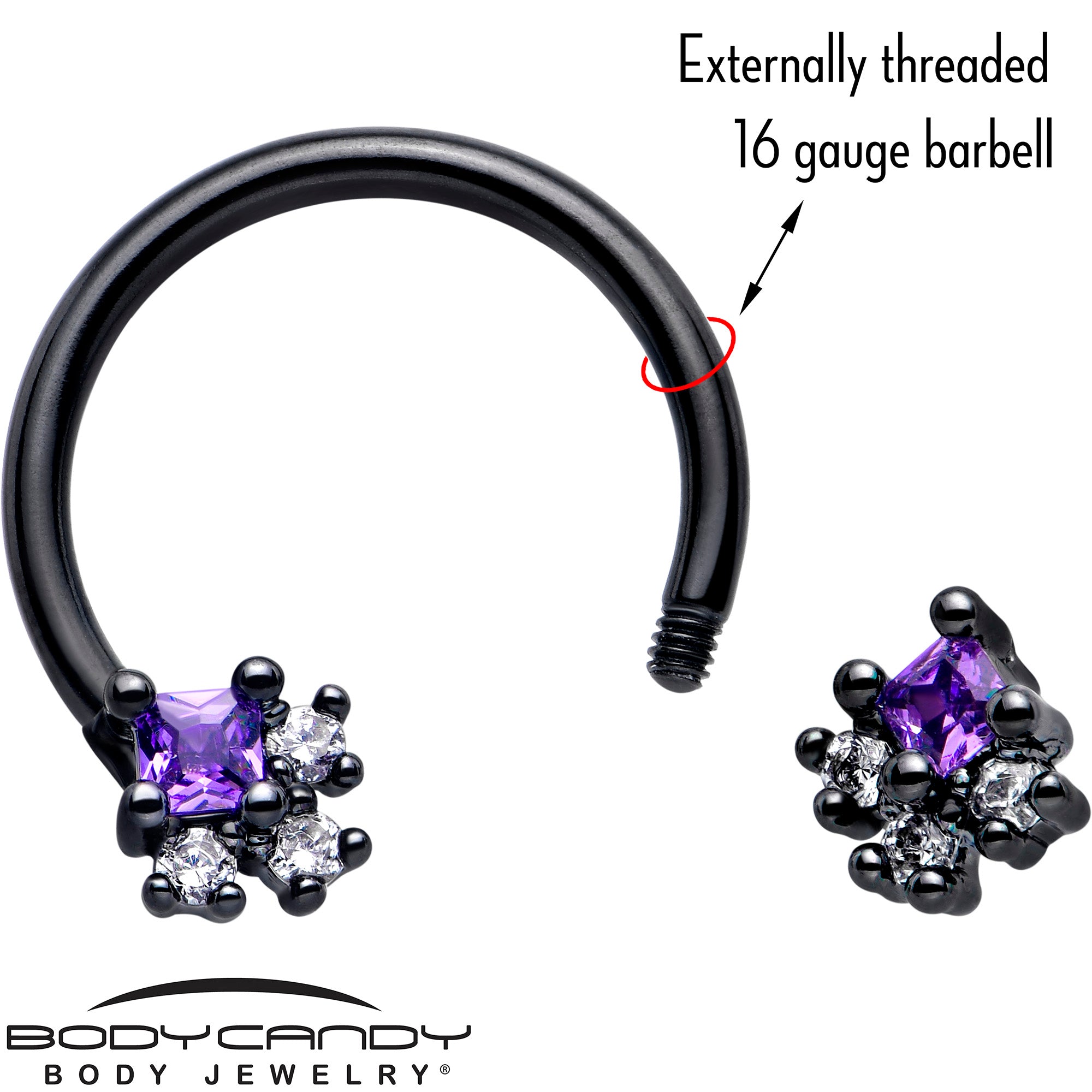 16 Gauge 3/8 Purple CZ Gem Horseshoe Barbell with Black Rhombus