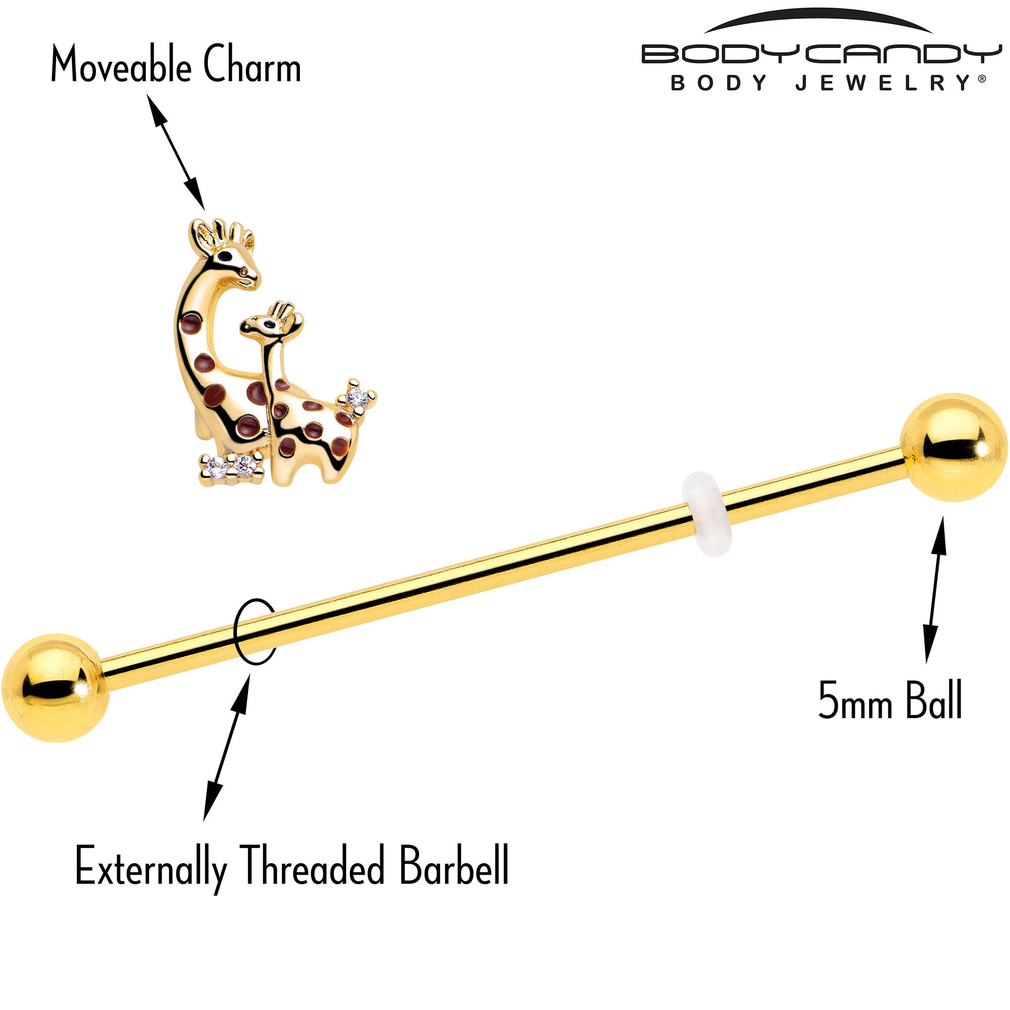 Mom Baby Giraffe Gold Tone Industrial Barbell with CZ Gem