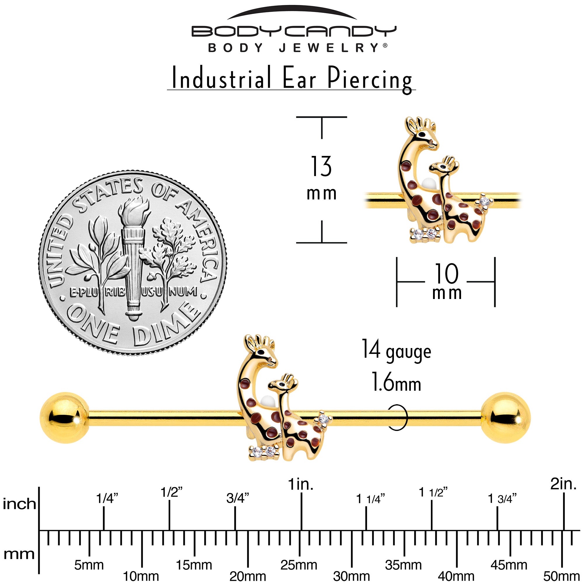 Gold Tone CZ Gem Giraffe Barbell 14 Gauge Industrial