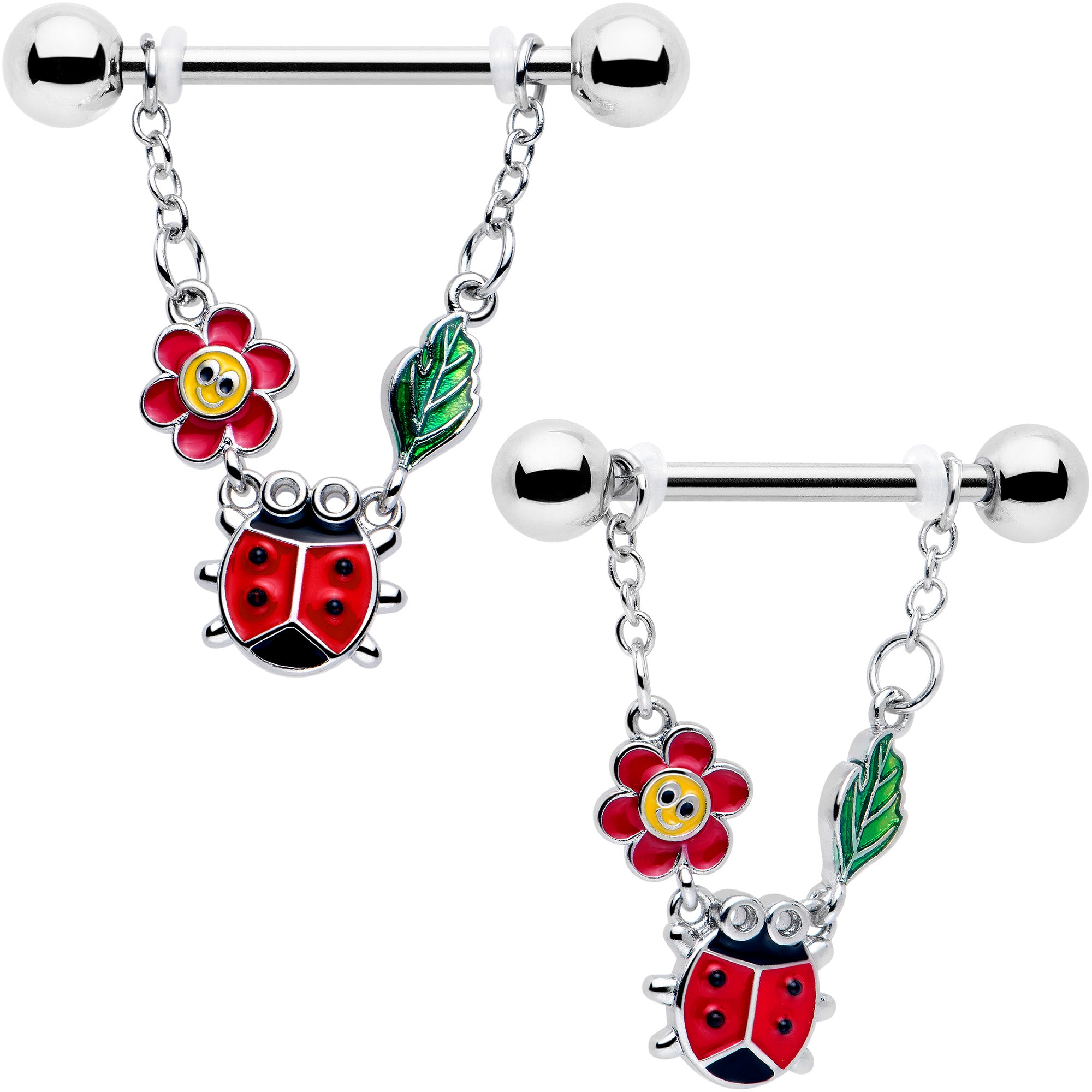 14 Gauge 9/16 Ladybug Hippie Flower Chain Dangle Nipple Rings