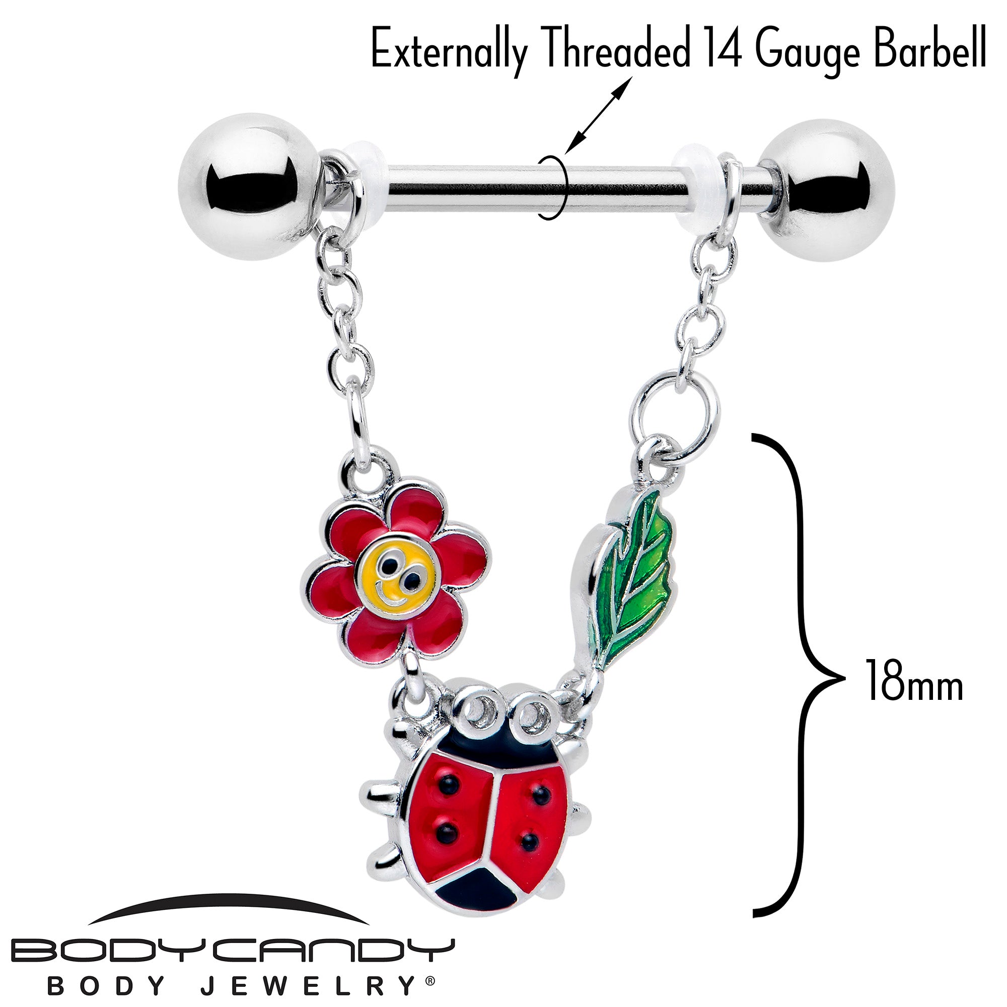 9/16 Ladybug Hippie Flower Chain Dangle Nipple Ring Set