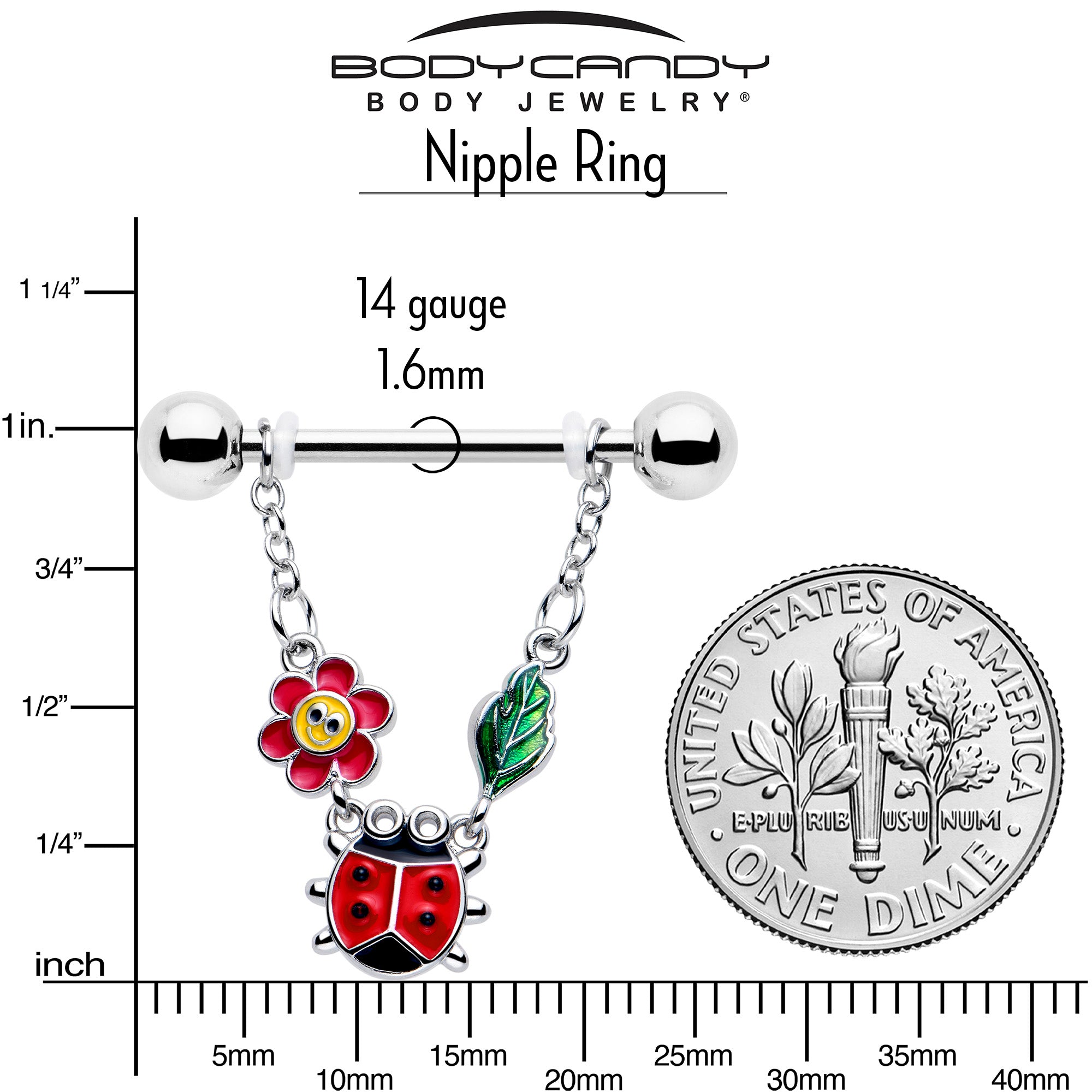 14 Gauge Nipple Rings with Ladybug Hippie Flower Design