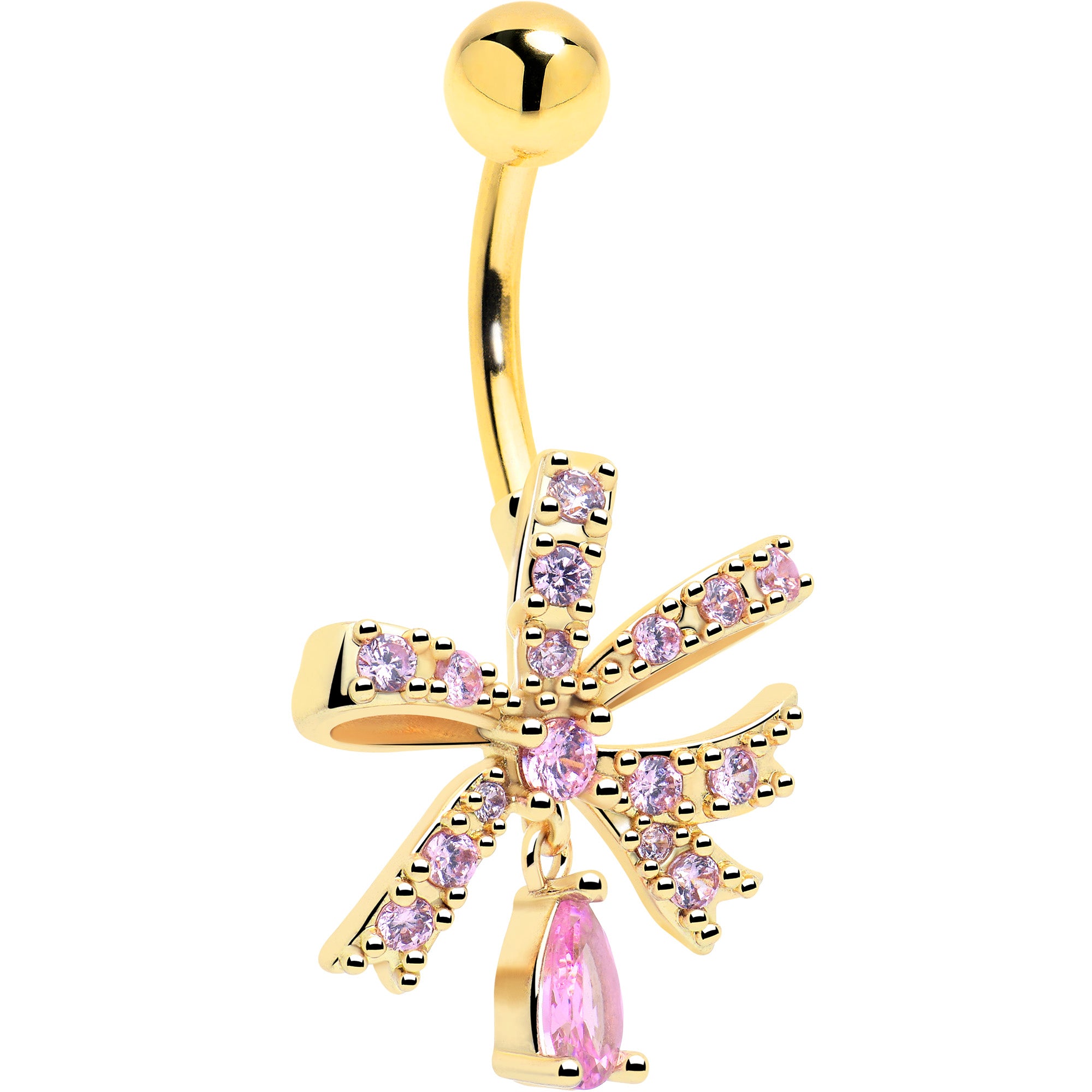 pink cz gem gold tone ribbon dangle belly ring