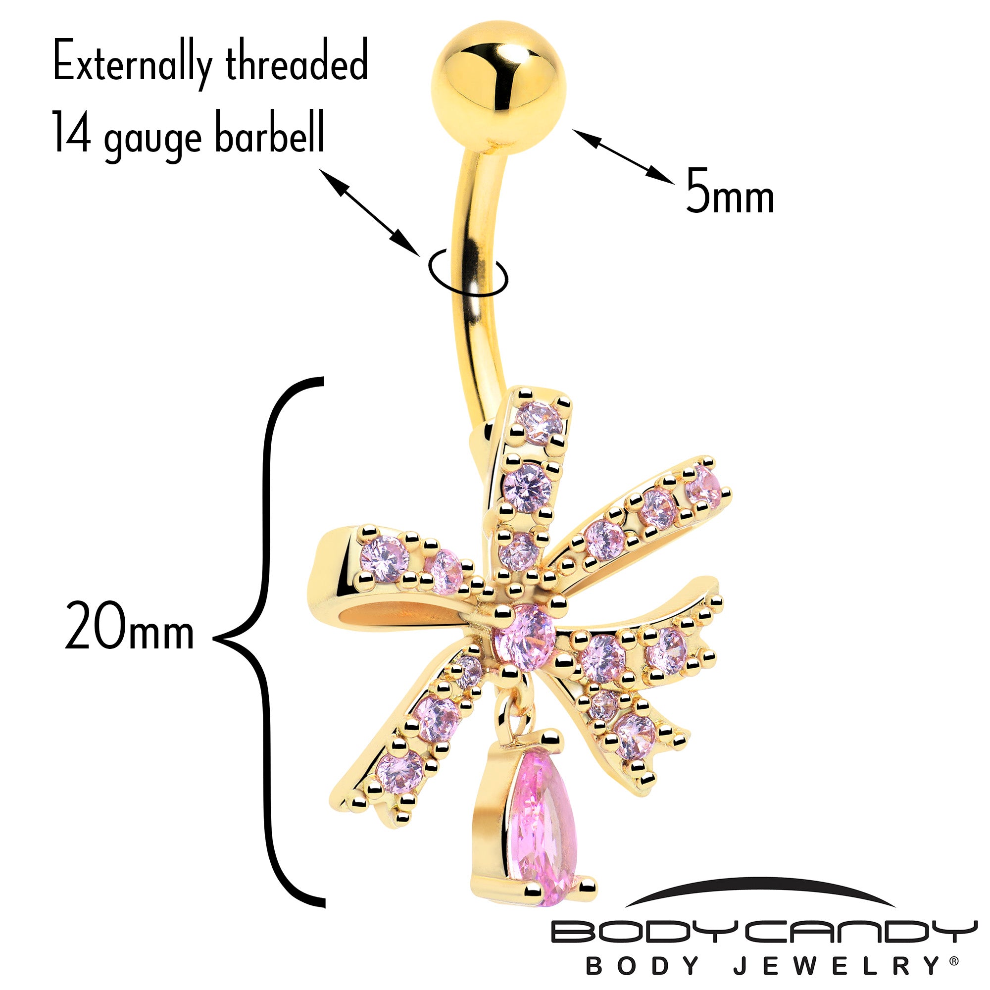 gold tone ribbon belly button ring with pink cz