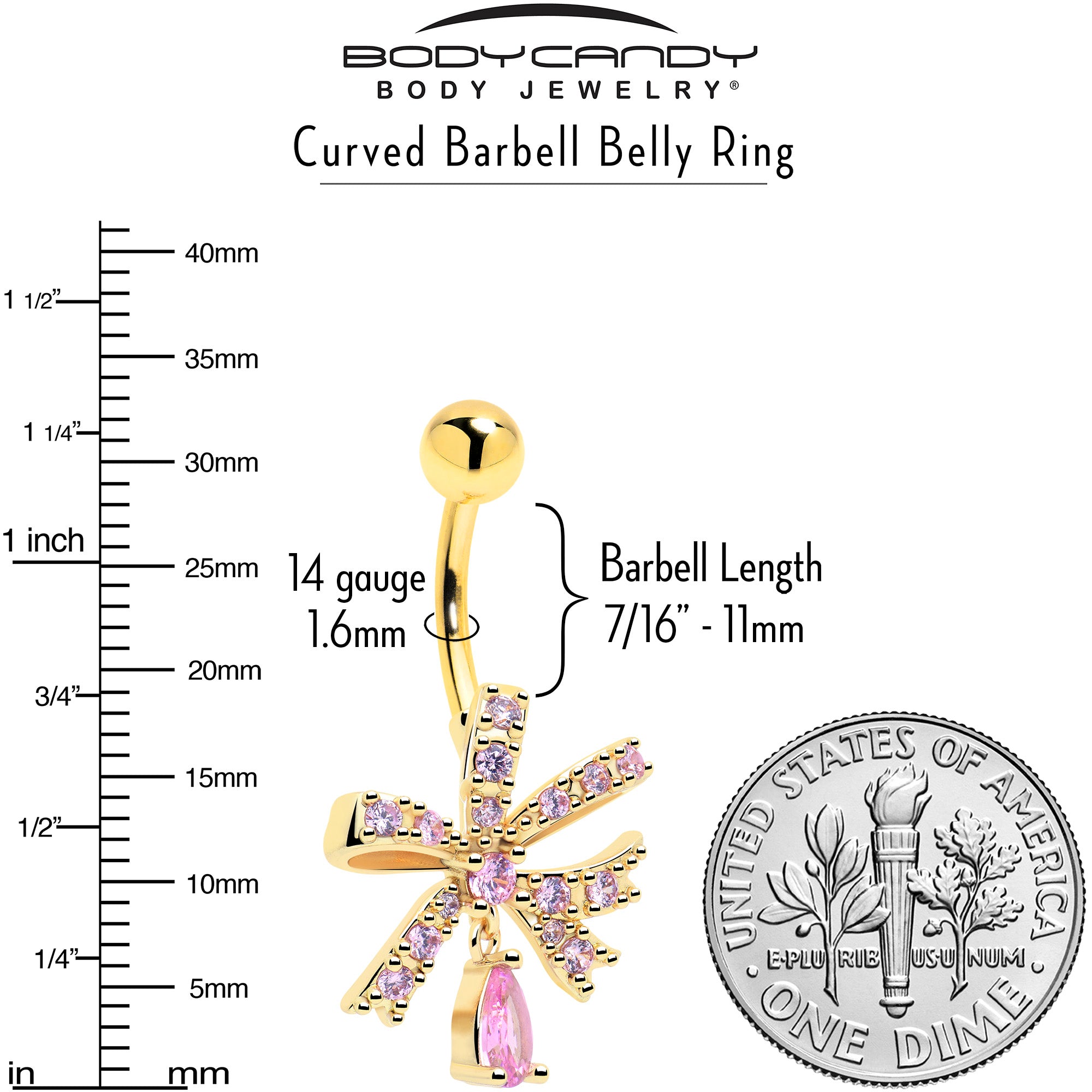 pink cubic zirconia ribbon dangle navel ring