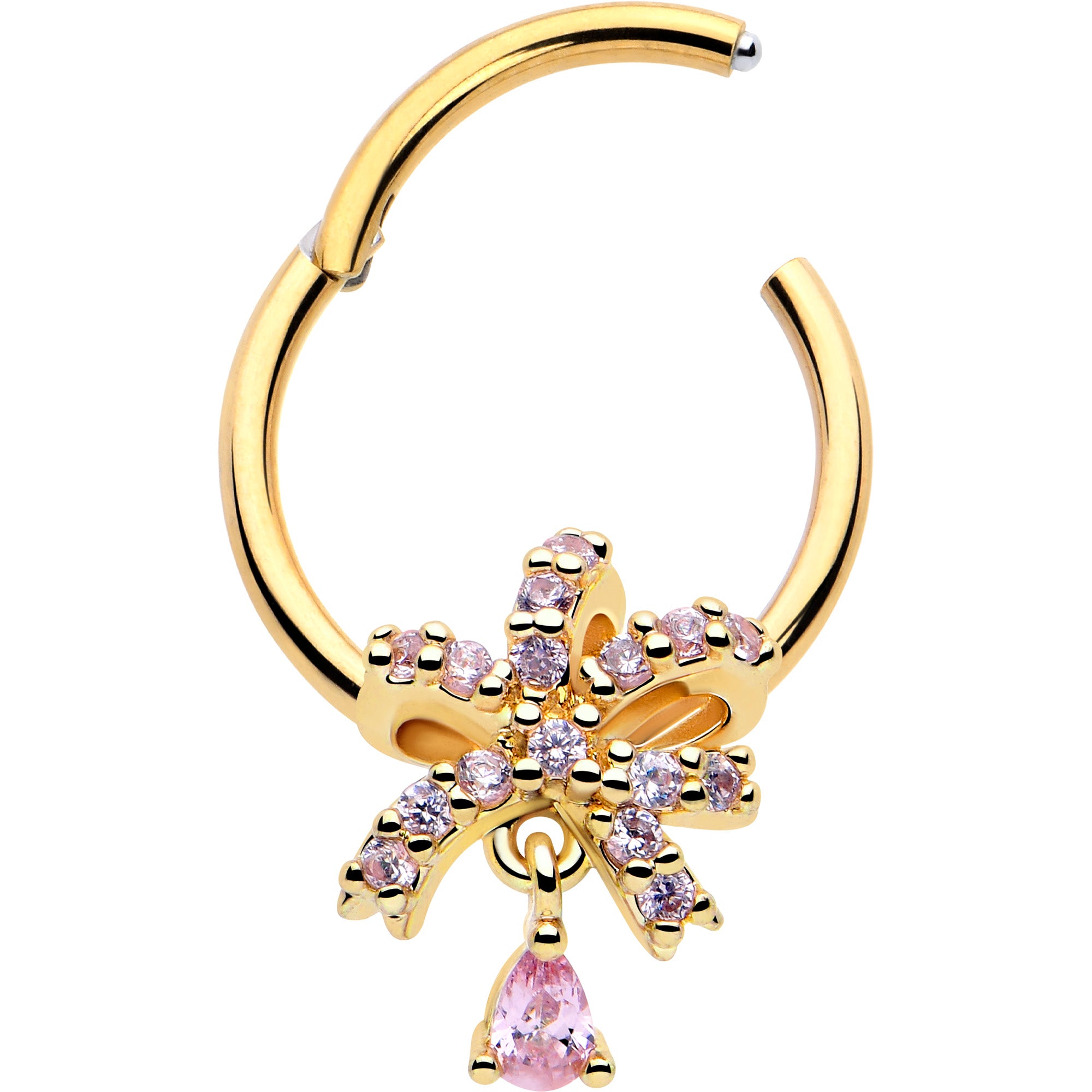 pink cubic zirconia ribbon dangle septum ring 16g