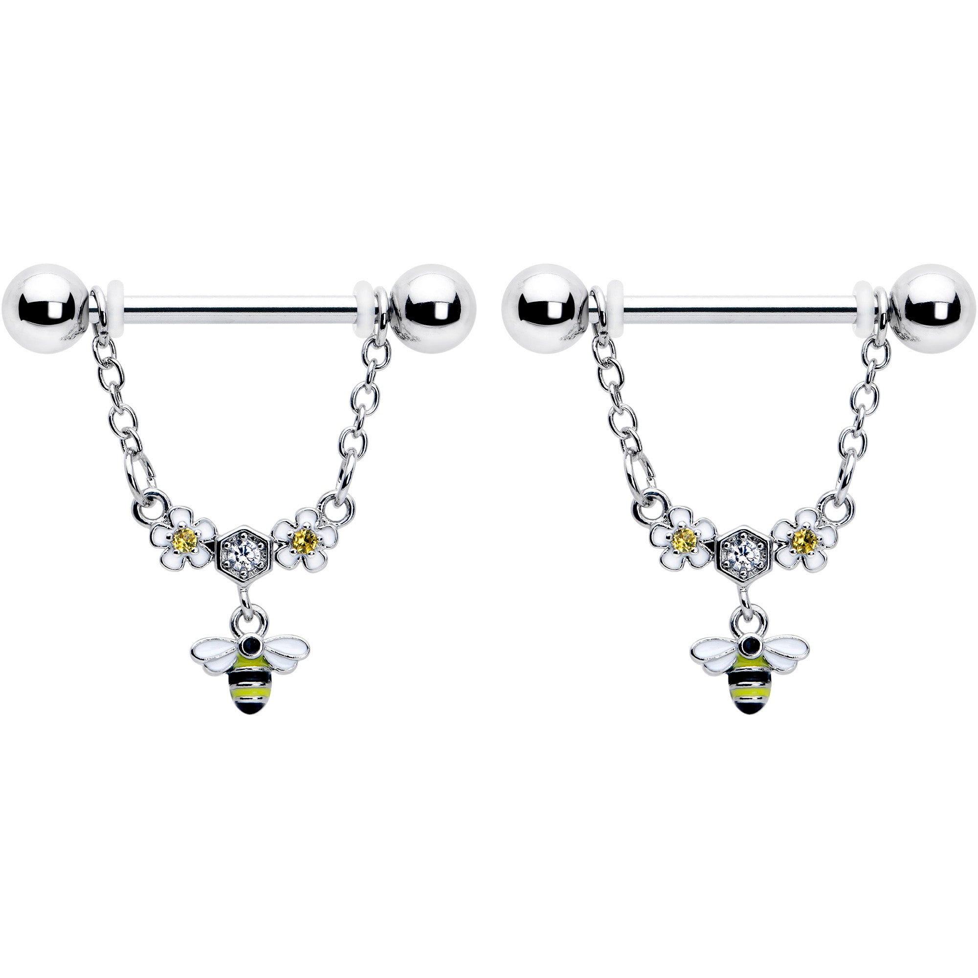 14G 9/16 Yellow CZ Gem Flower Bee Chain Dangle Nipple Ring Set