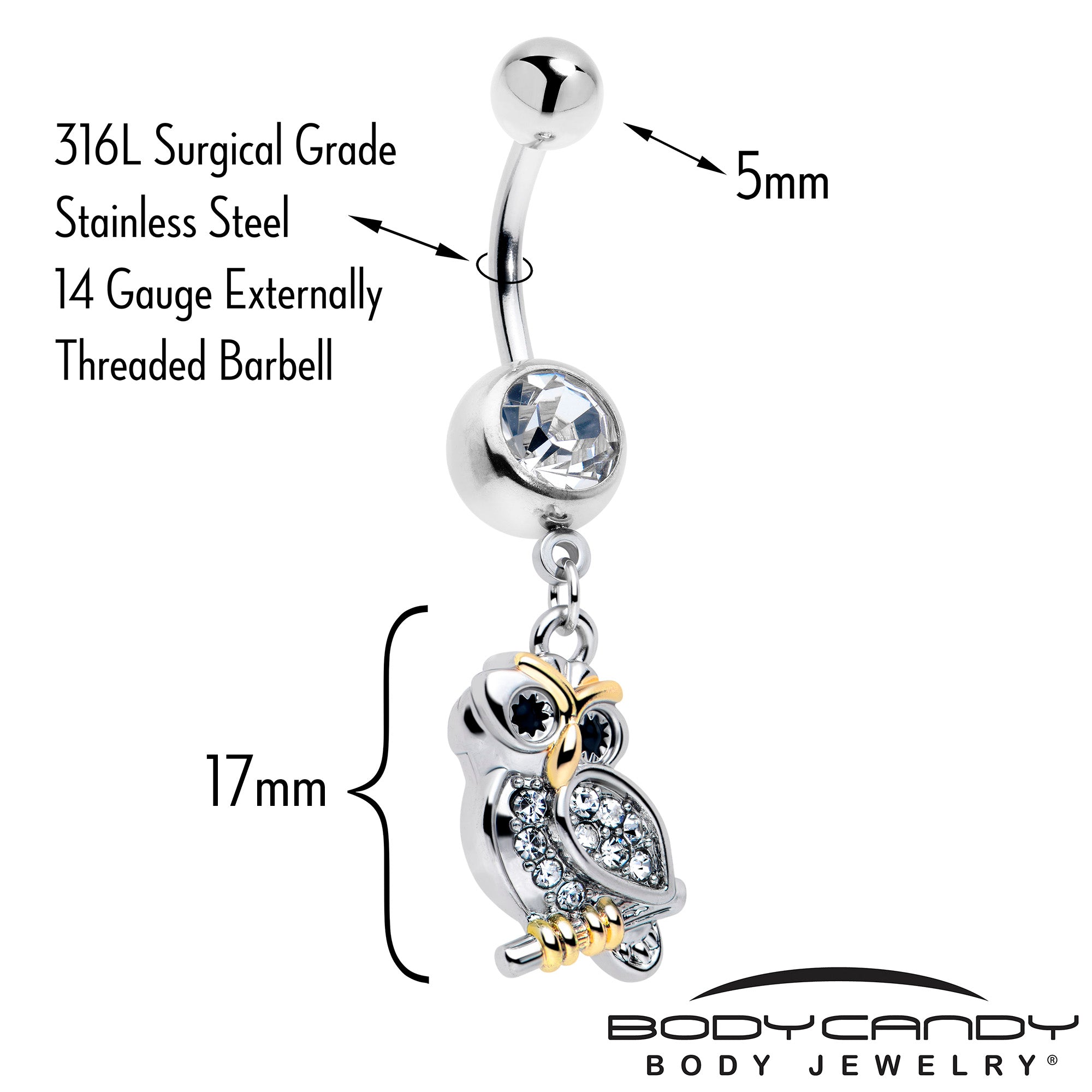 Evening Owl Dangle Belly Ring with Clear Gem