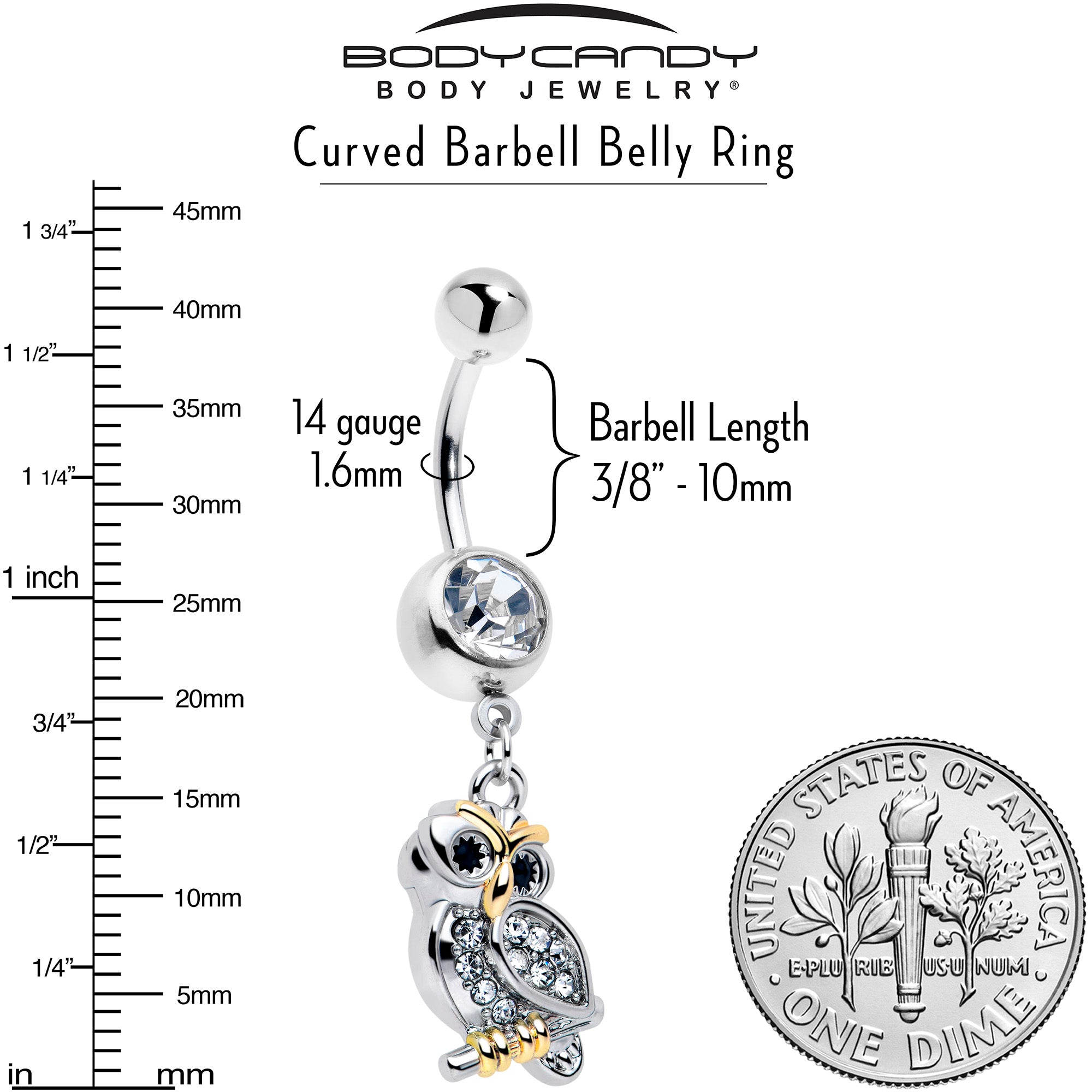 Clear Gem Owl Belly Ring Dangle Design