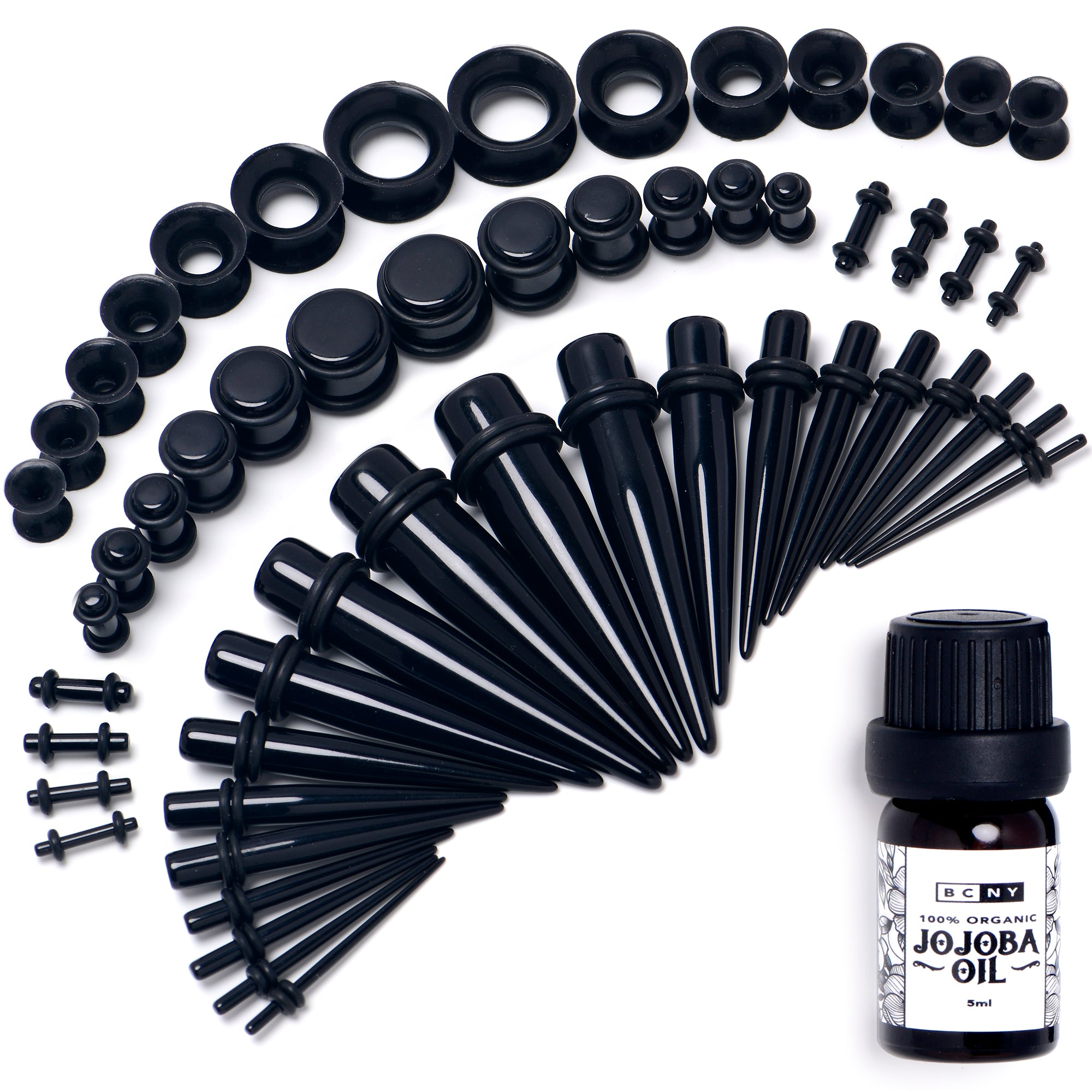 14 Gauge to 1/2 Black Acrylic 54 Piece Ear Stretching Kit with Jojoba Oil