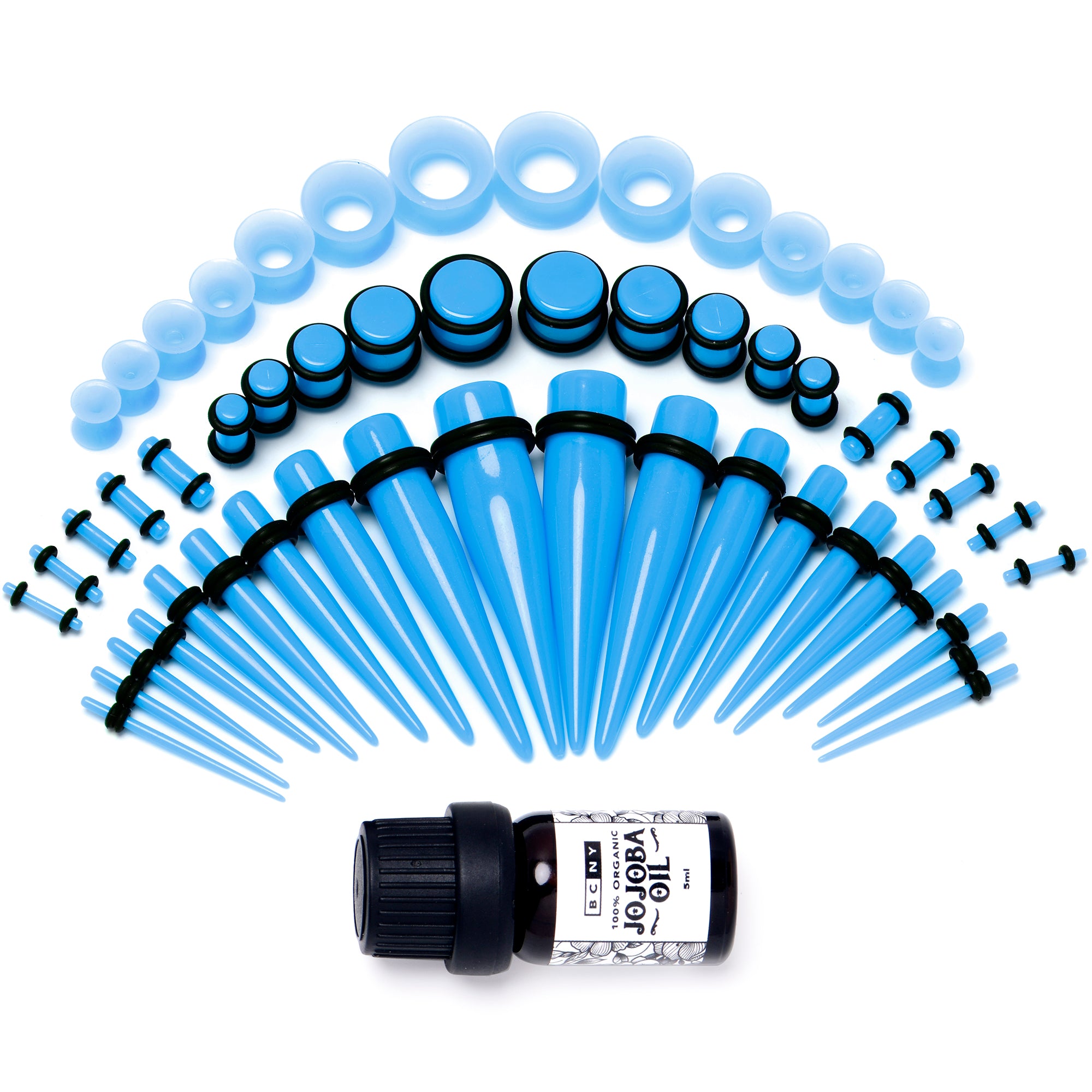 14G to 1/2 Blue Acrylic 54 Piece Ear Stretching Kit with Jojoba Oil