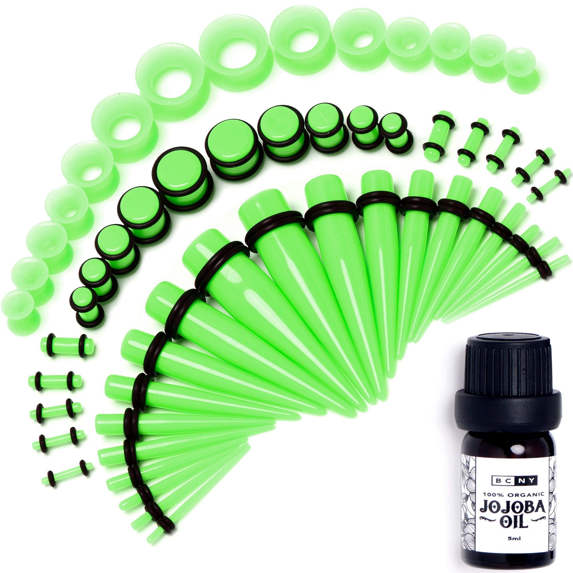 14G to 1/2 Green Acrylic 54 Piece Ear Stretching Kit with Jojoba Oil