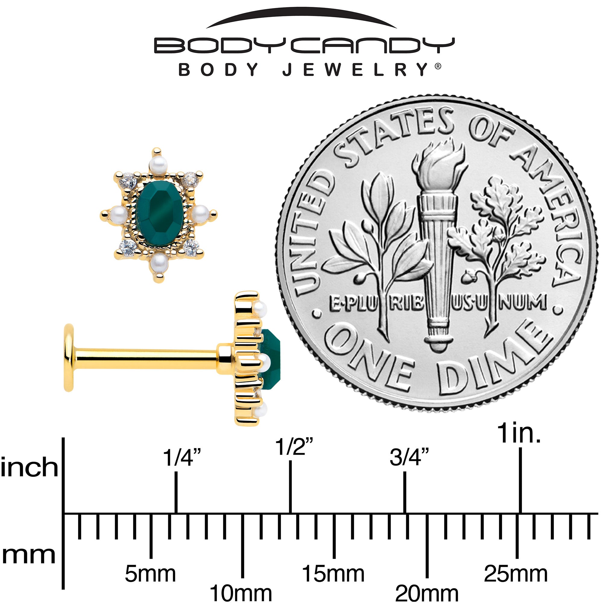 16G  Green CZ Gem Gold Tone Royal Beauty Flat Back Cartilage Tragus Labret