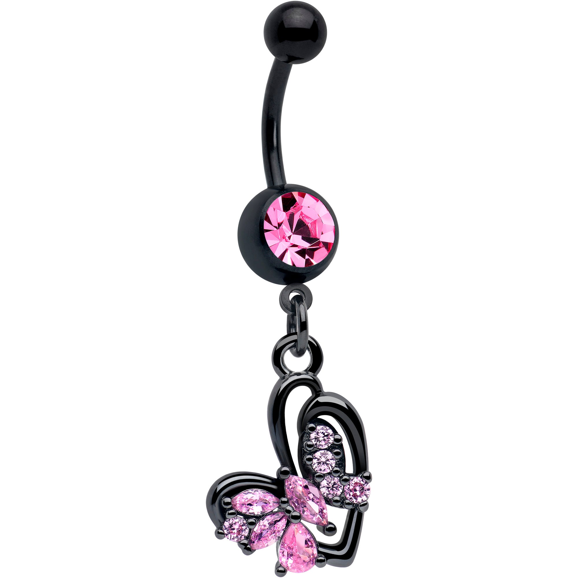 Pink CZ gem black looping heart bow dangle belly ring