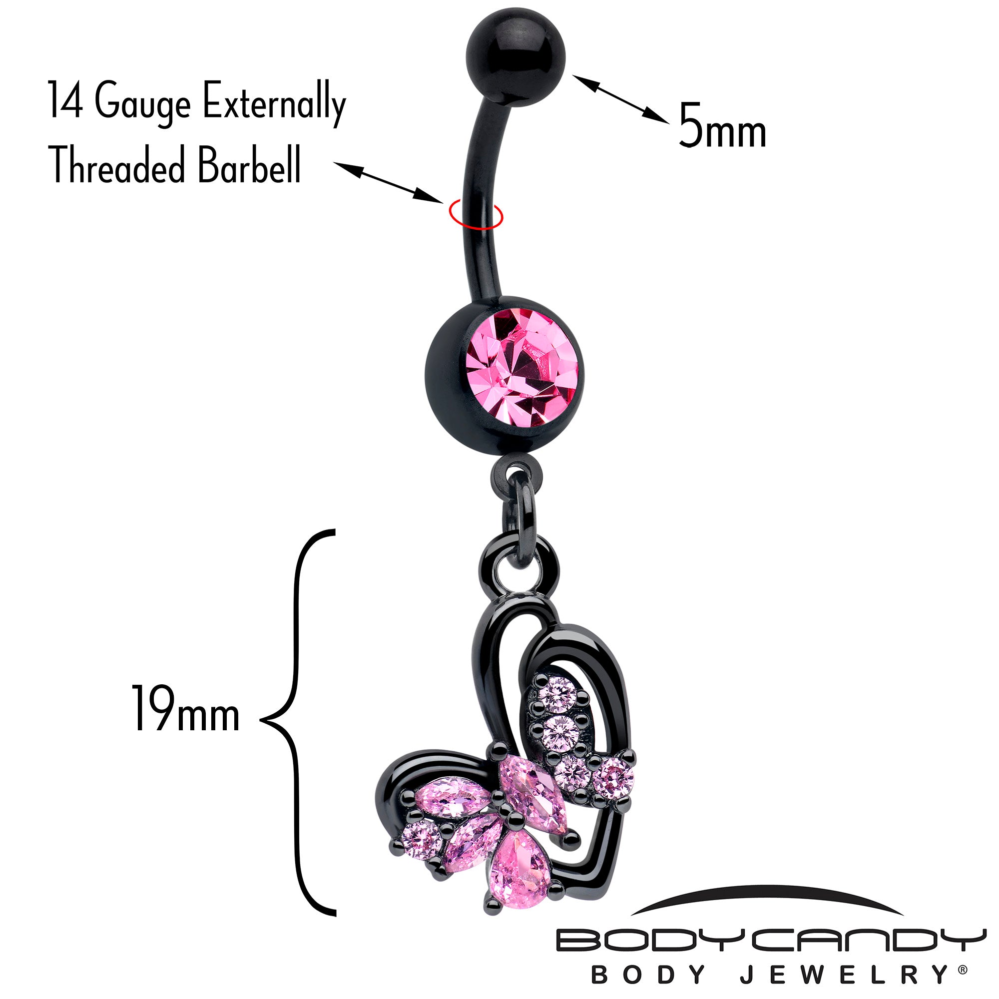 Black heart bow dangle belly button ring with pink CZ