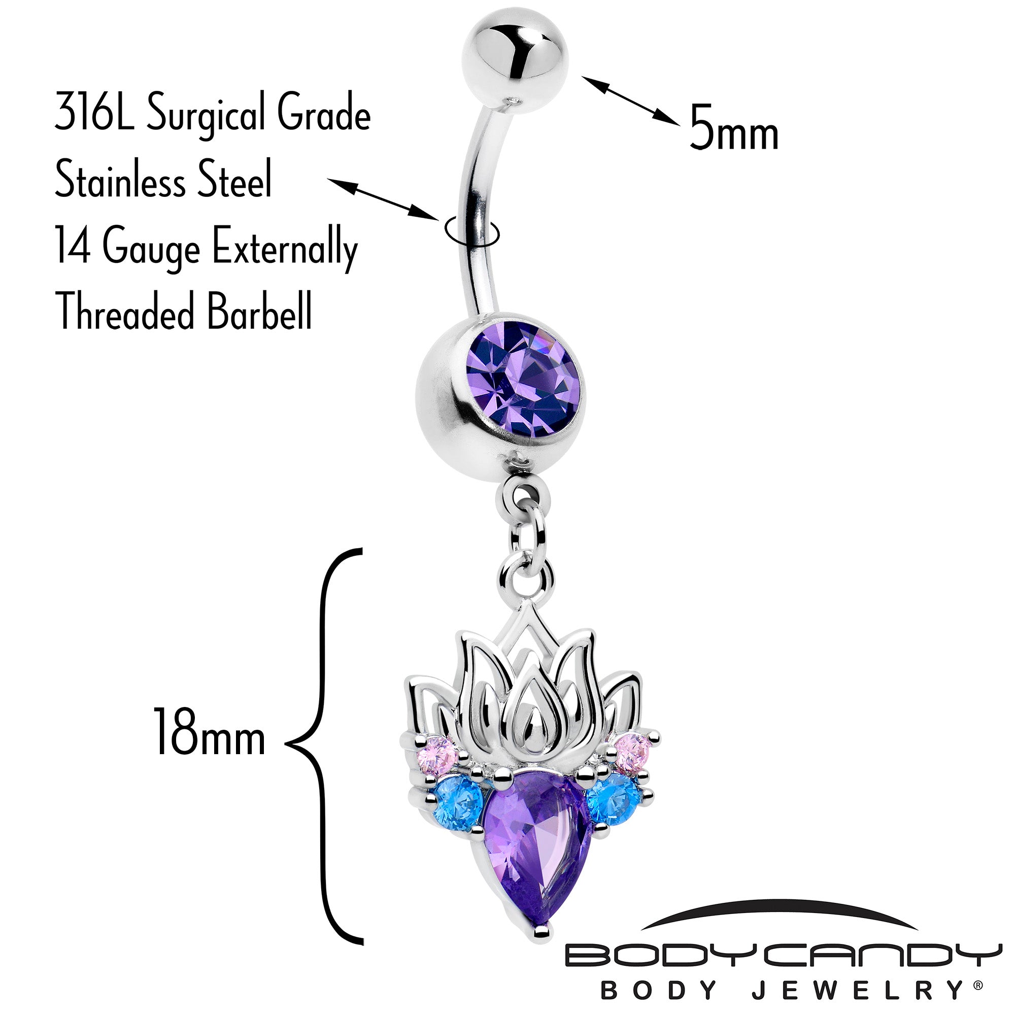 lotus flower dangle belly button ring with purple blue cz