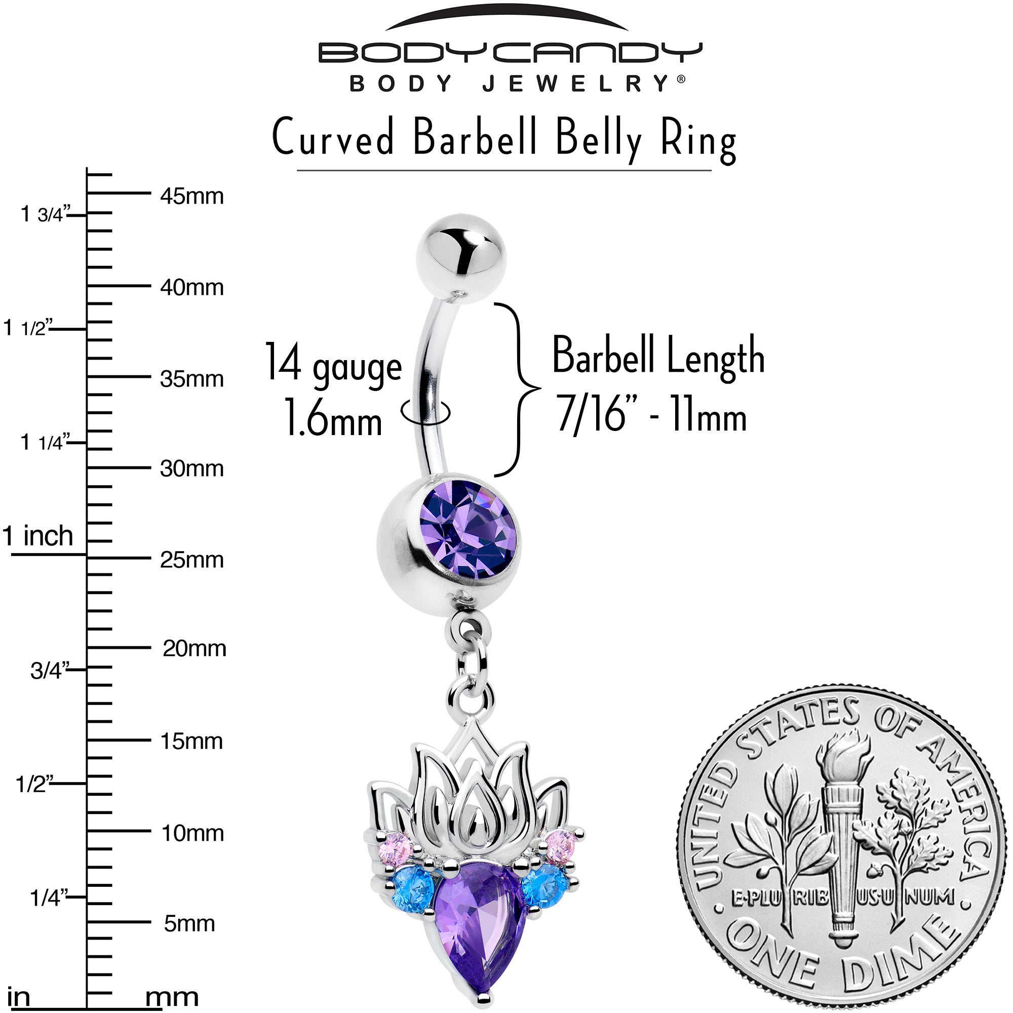 fire lotus belly ring purple blue cubic zirconia gem