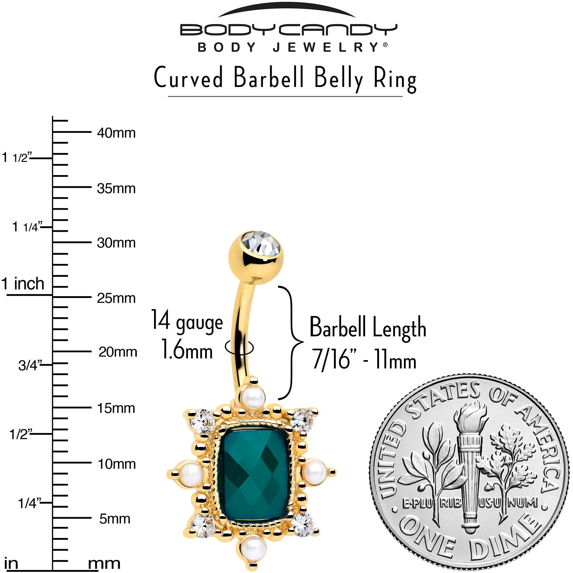 Gold tone belly ring with green cubic zirconia