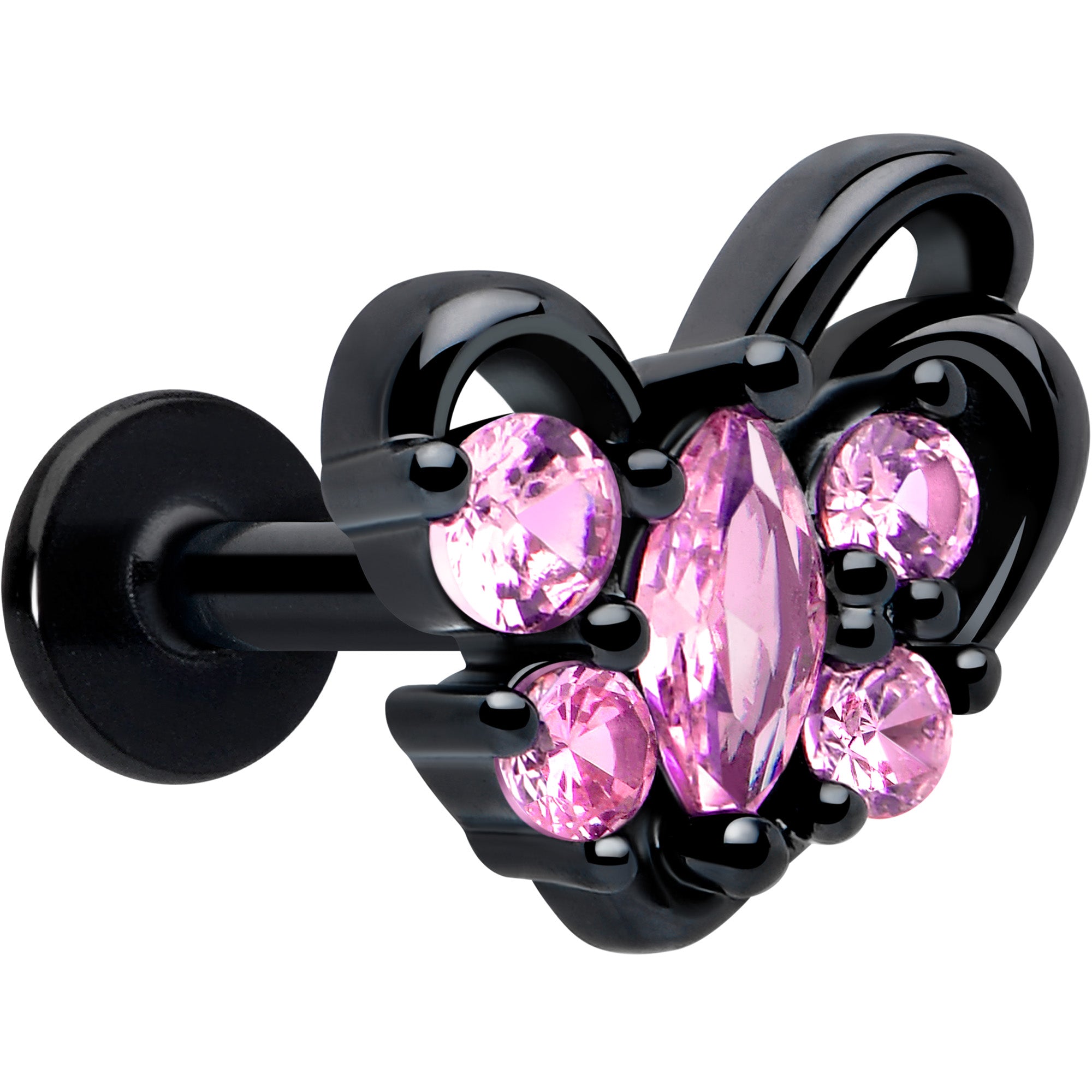 16G Pink CZ Gem Black Looping Heart Flat Back Cartilage Tragus Labret