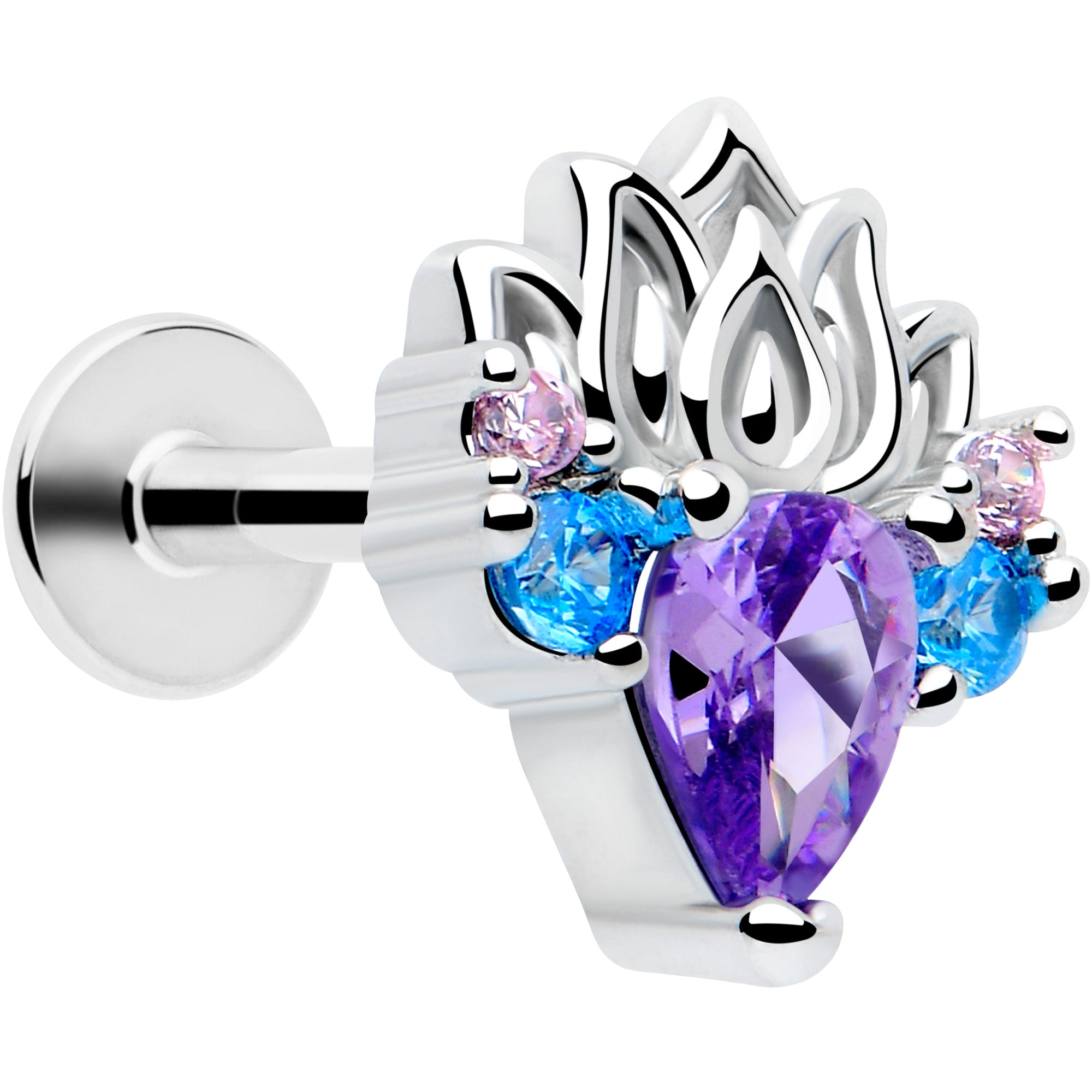 16G Purple CZ Fire Lotus Flat Back Cartilage Tragus Labret