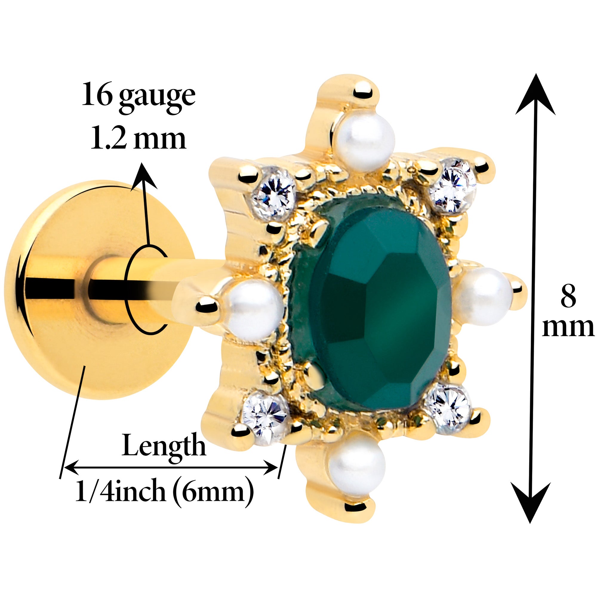 gold tone green cz tragus labret piercing