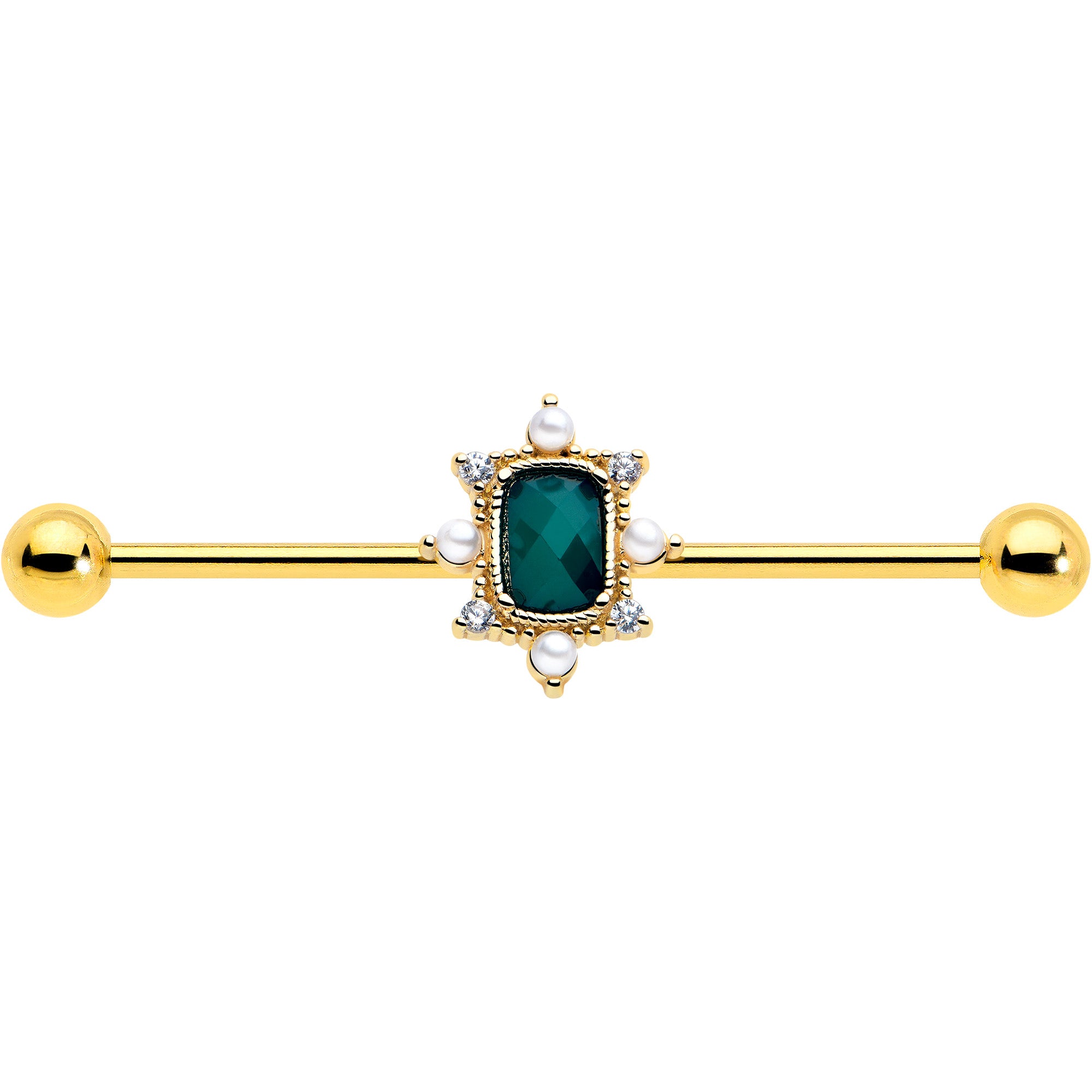 14g gold tone industrial piercing barbell green cz