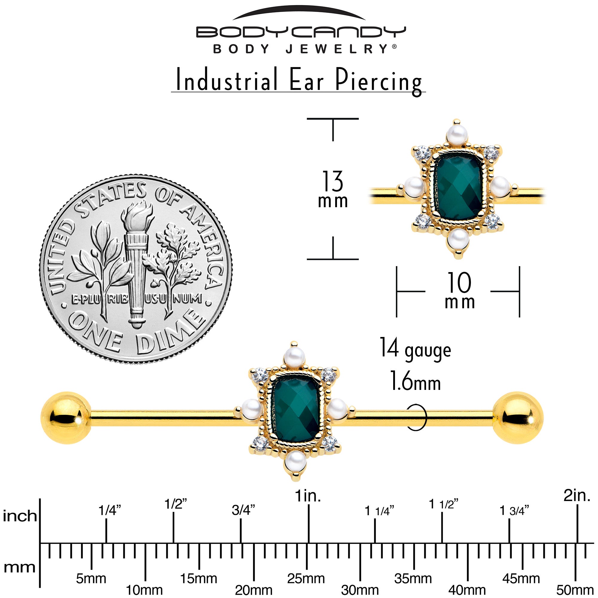 long 38mm gold tone industrial barbell green gem