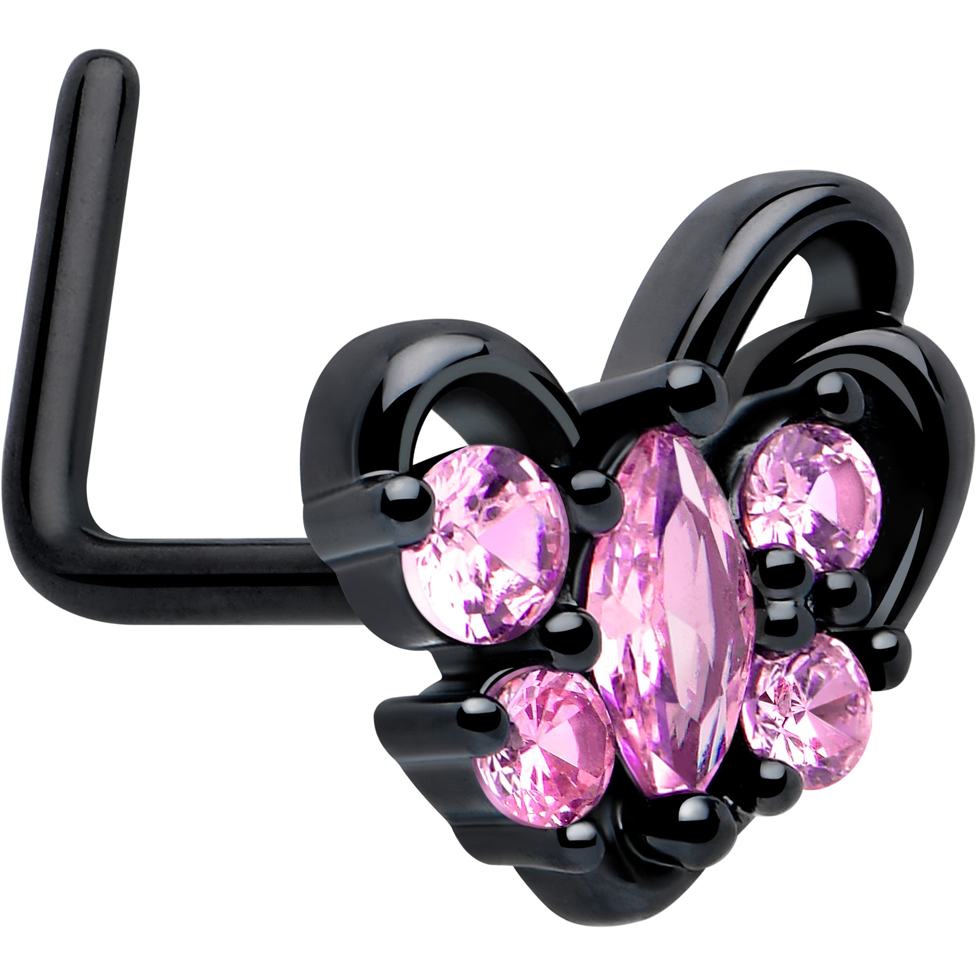 20G pink CZ gem black looping heart L shape nose ring