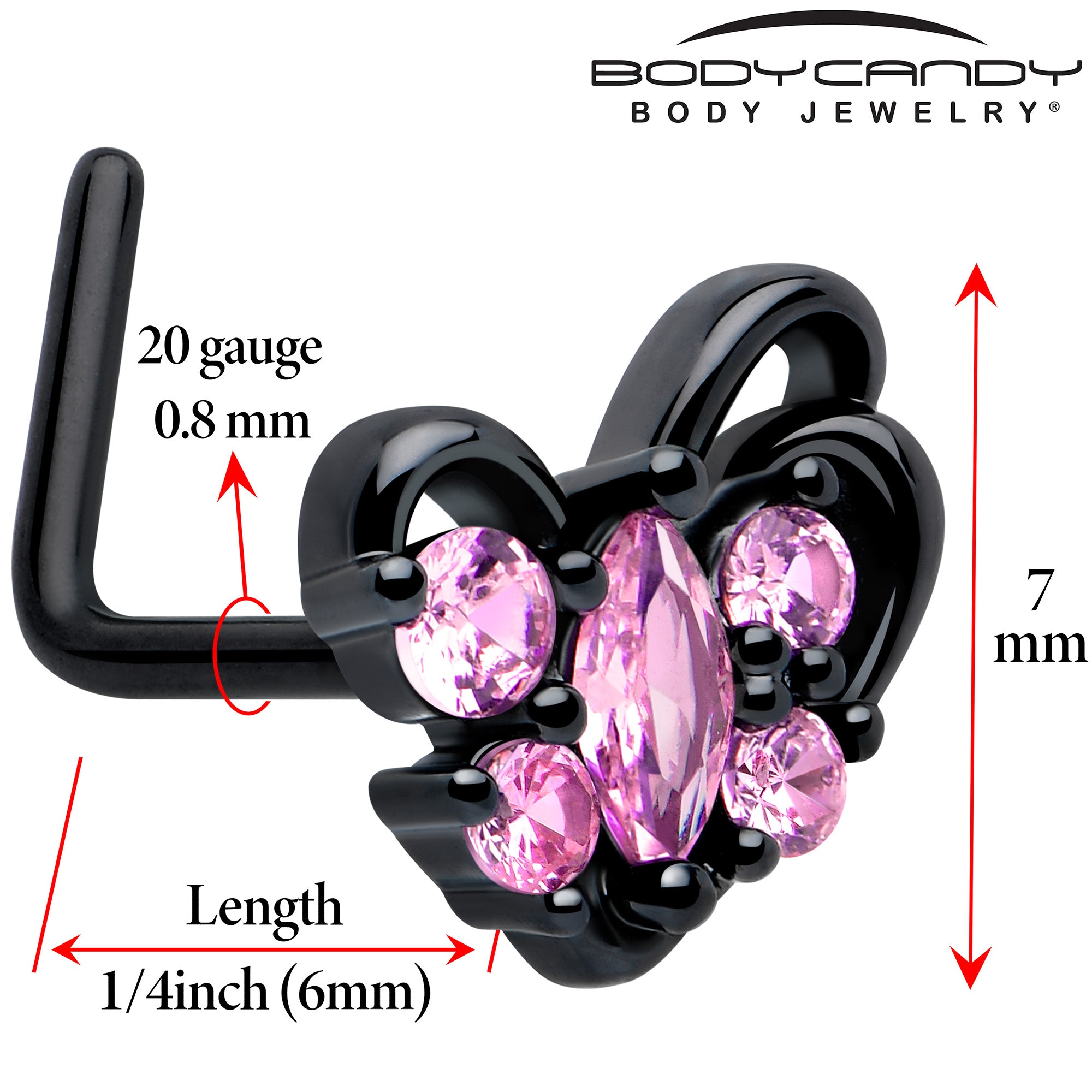 pink cubic zirconia heart L bend nose ring 20 gauge