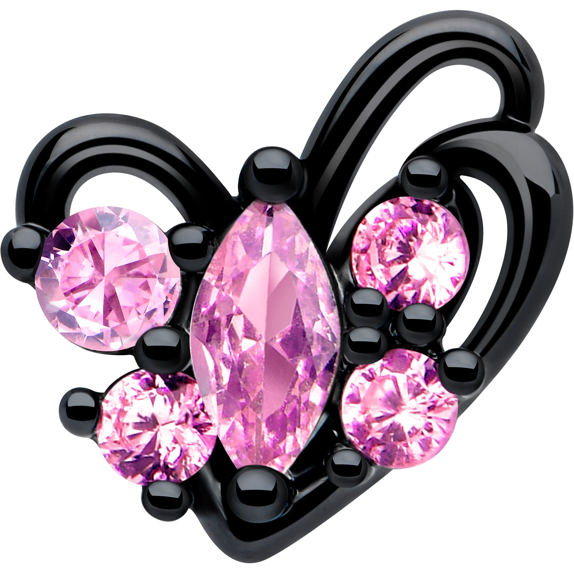 black heart nose ring with pink CZ gem L shape