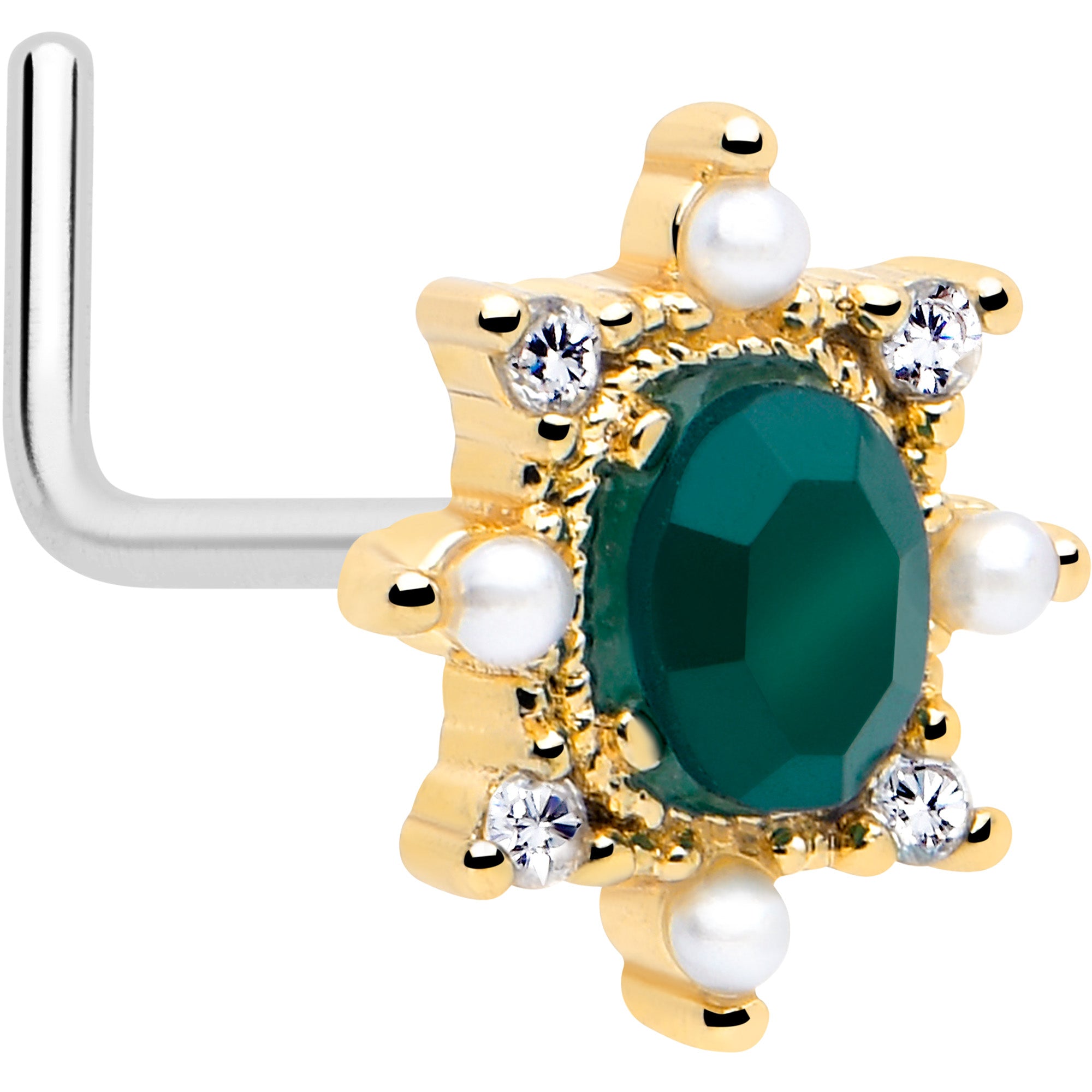 20G green CZ L shape nose ring gold