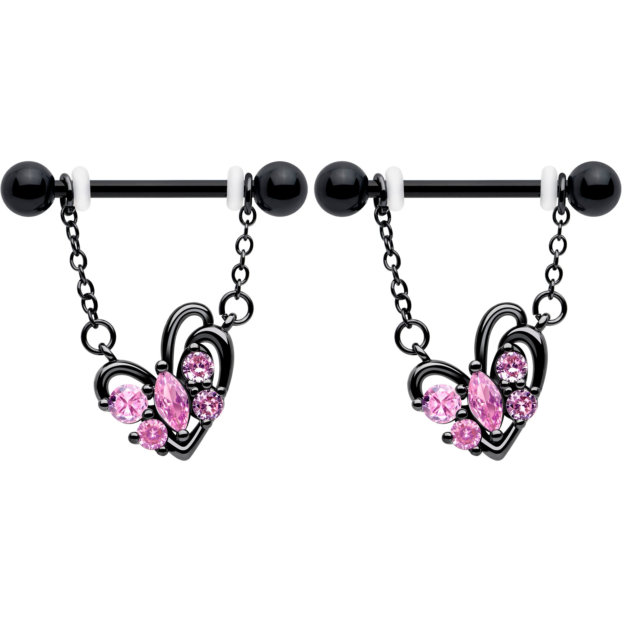 black heart chain dangle nipple rings with pink cz gems