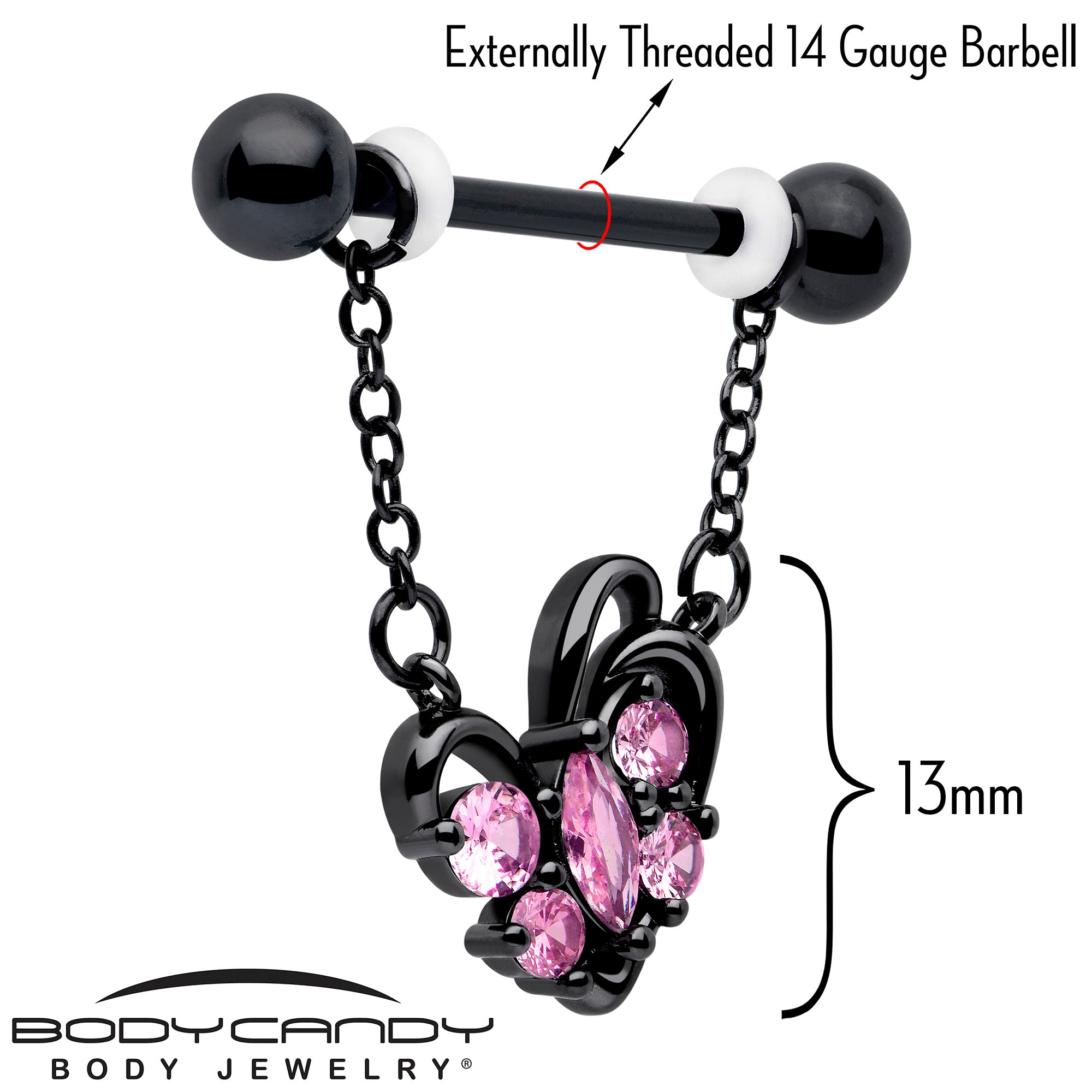 14 gauge black nipple ring set with pink cubic zirconia hearts