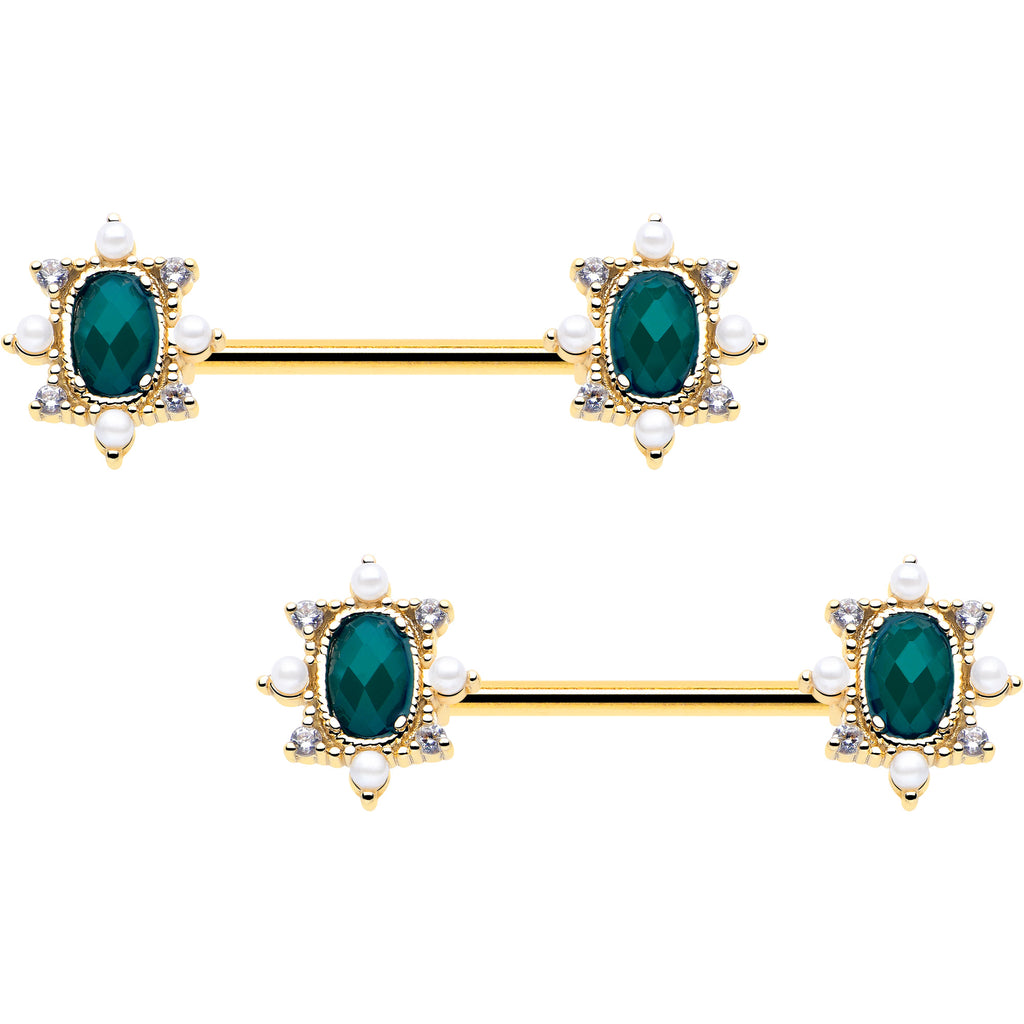 14g green cz gem gold tone nipple ring set
