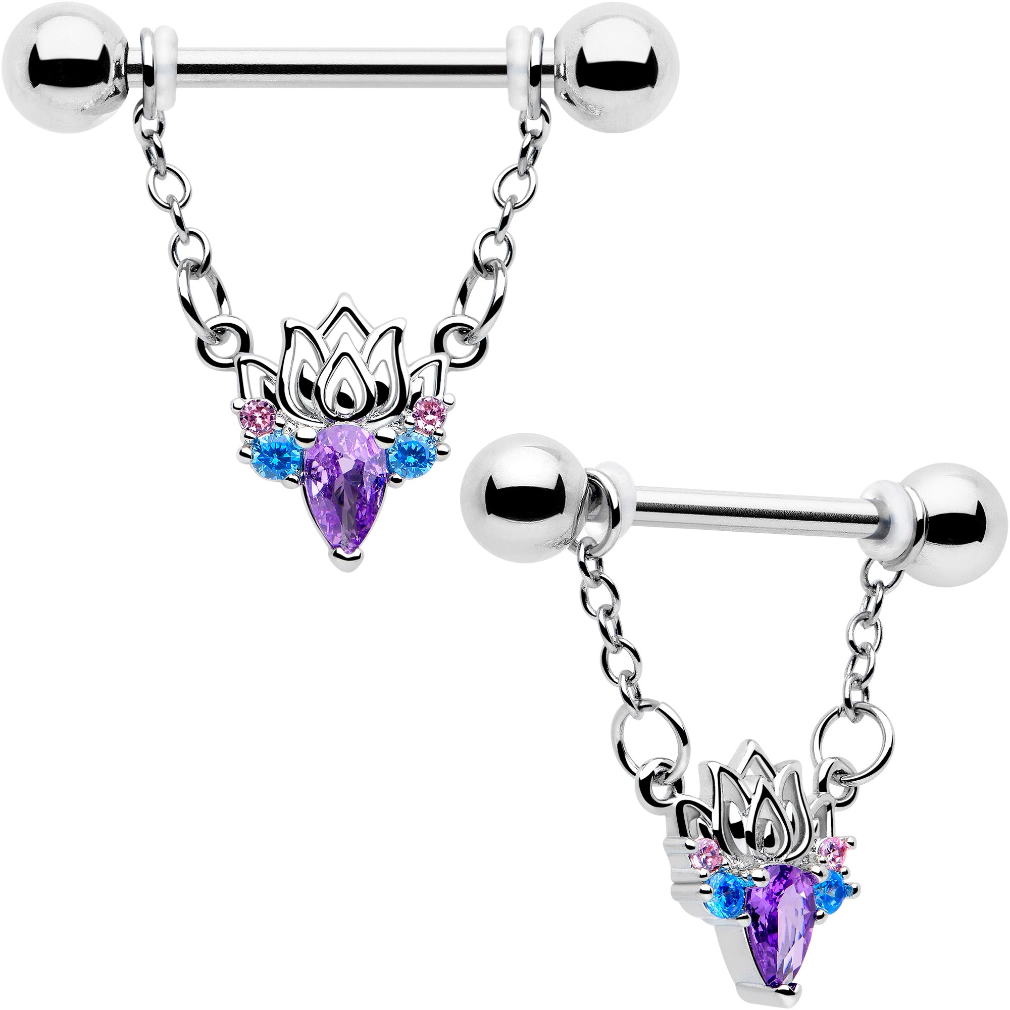 14 gauge purple cz fire lotus nipple rings with chain dangle