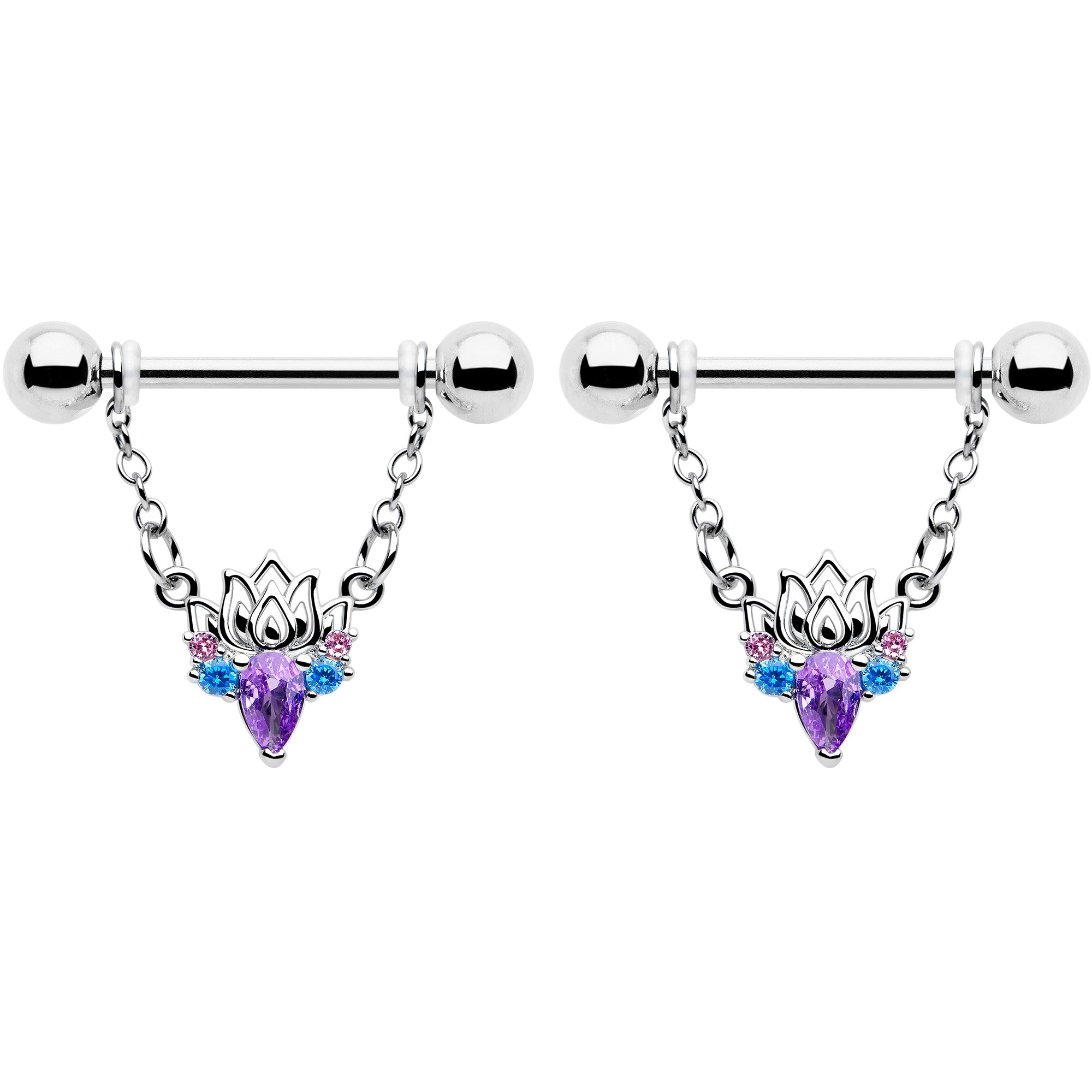 purple cubic zirconia lotus flower nipple ring set 14g