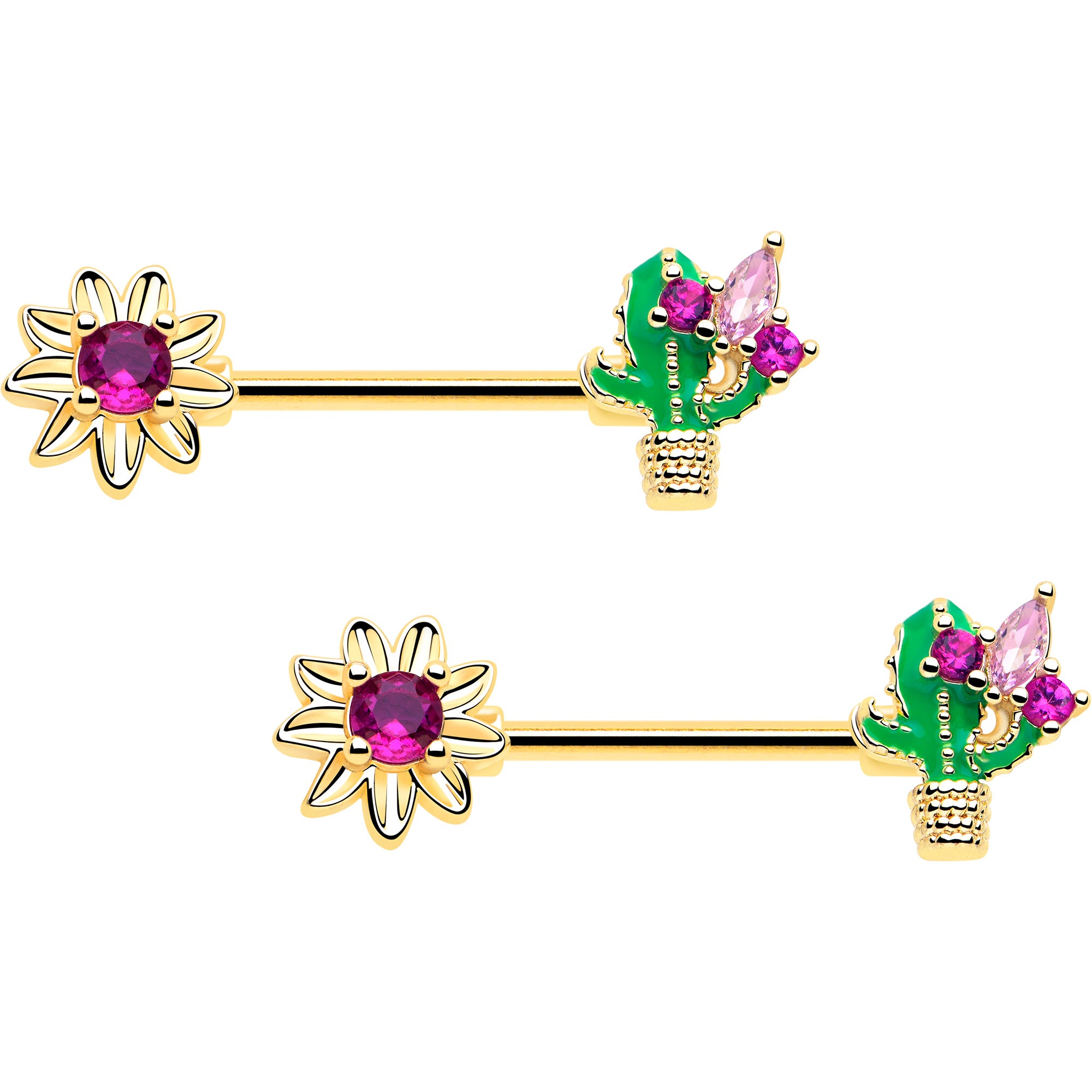 14G pink CZ floral cactus nipple barbell set