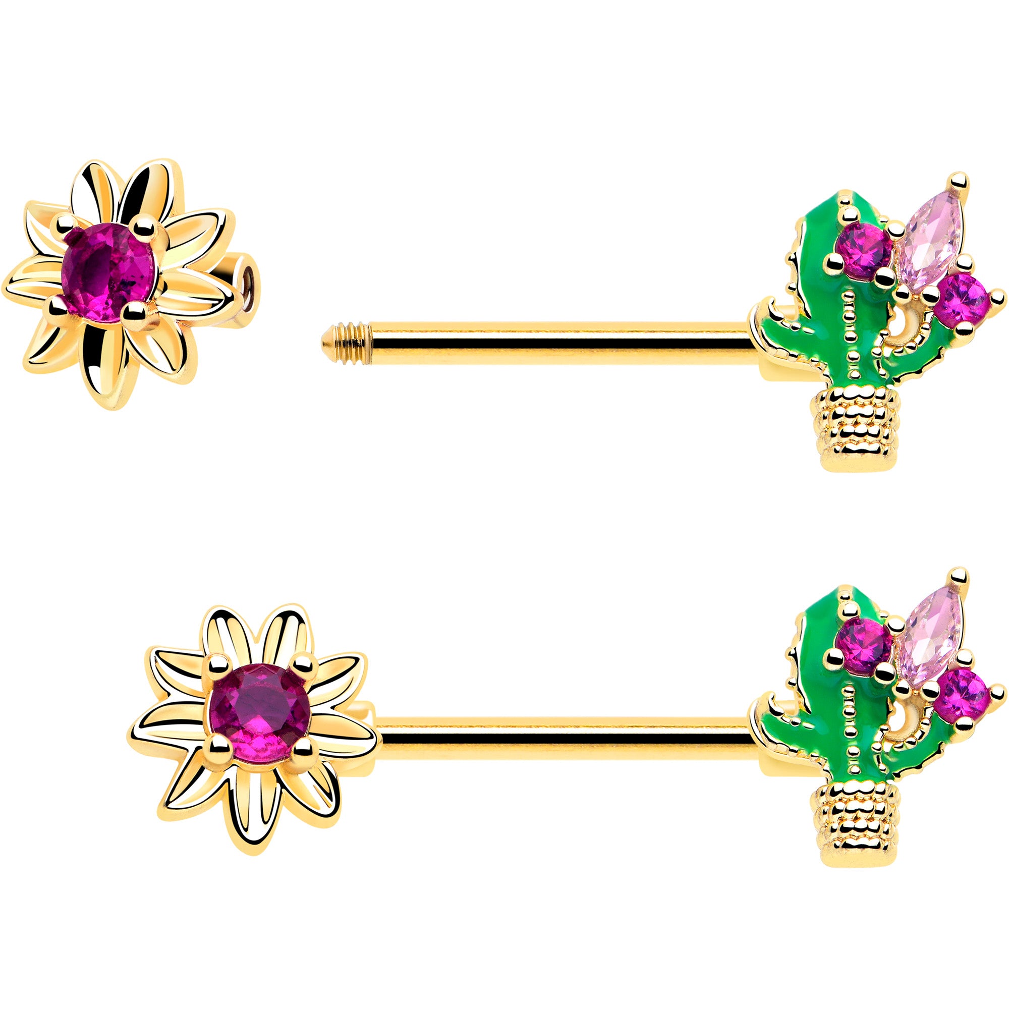 gold tone cactus flower nipple ring pair