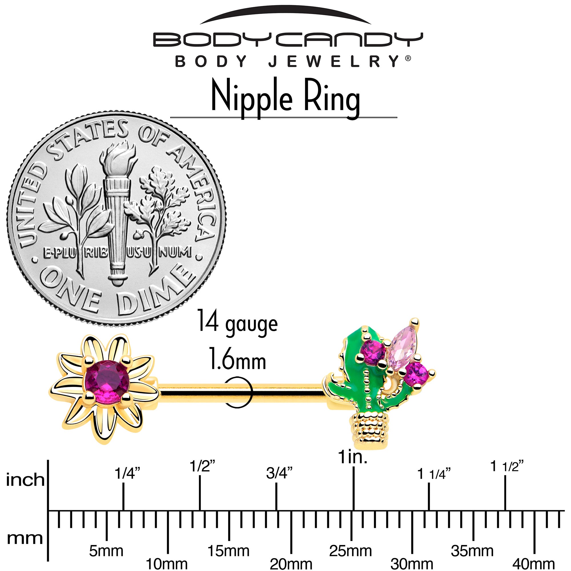 gold tone floral cactus 14G nipple barbells