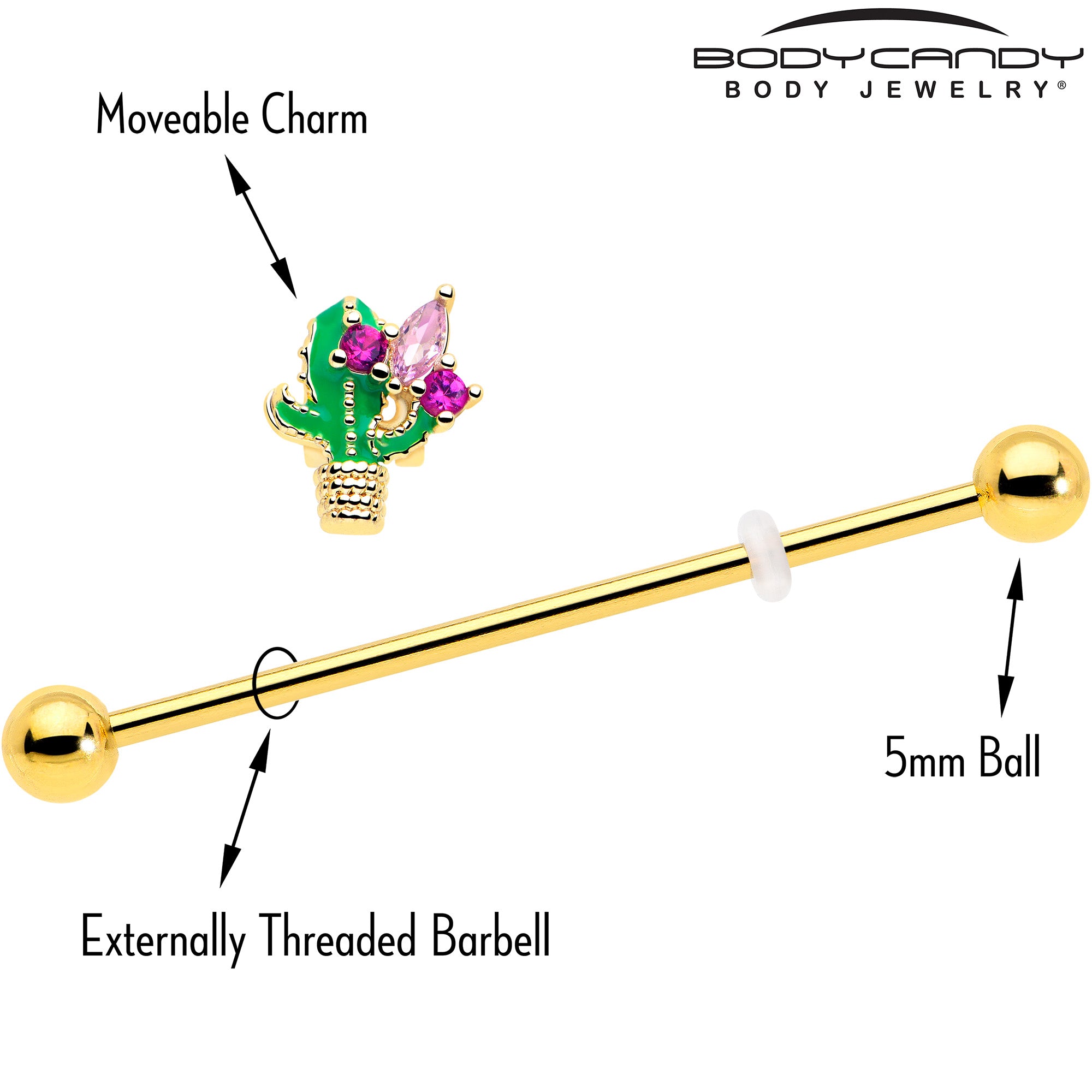 14 gauge gold tone cactus barbell with pink crystal