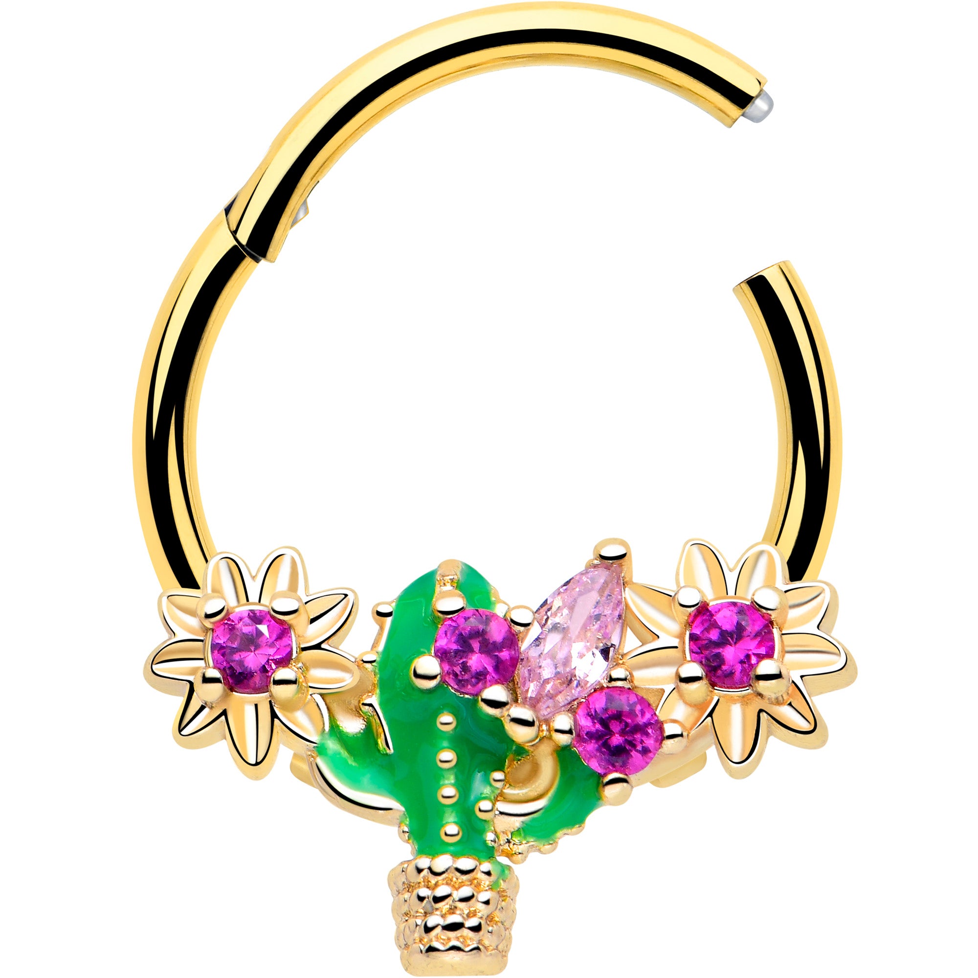 Gold tone cactus flower cartilage hoop with pink CZ