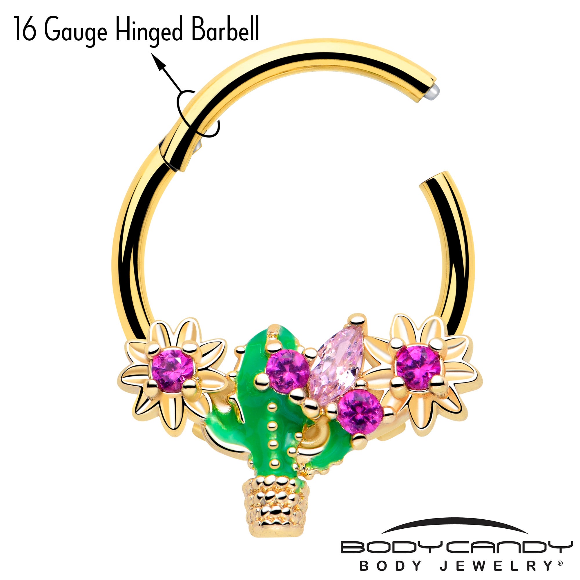 16 gauge gold hinged ring with pink crystal cactus design