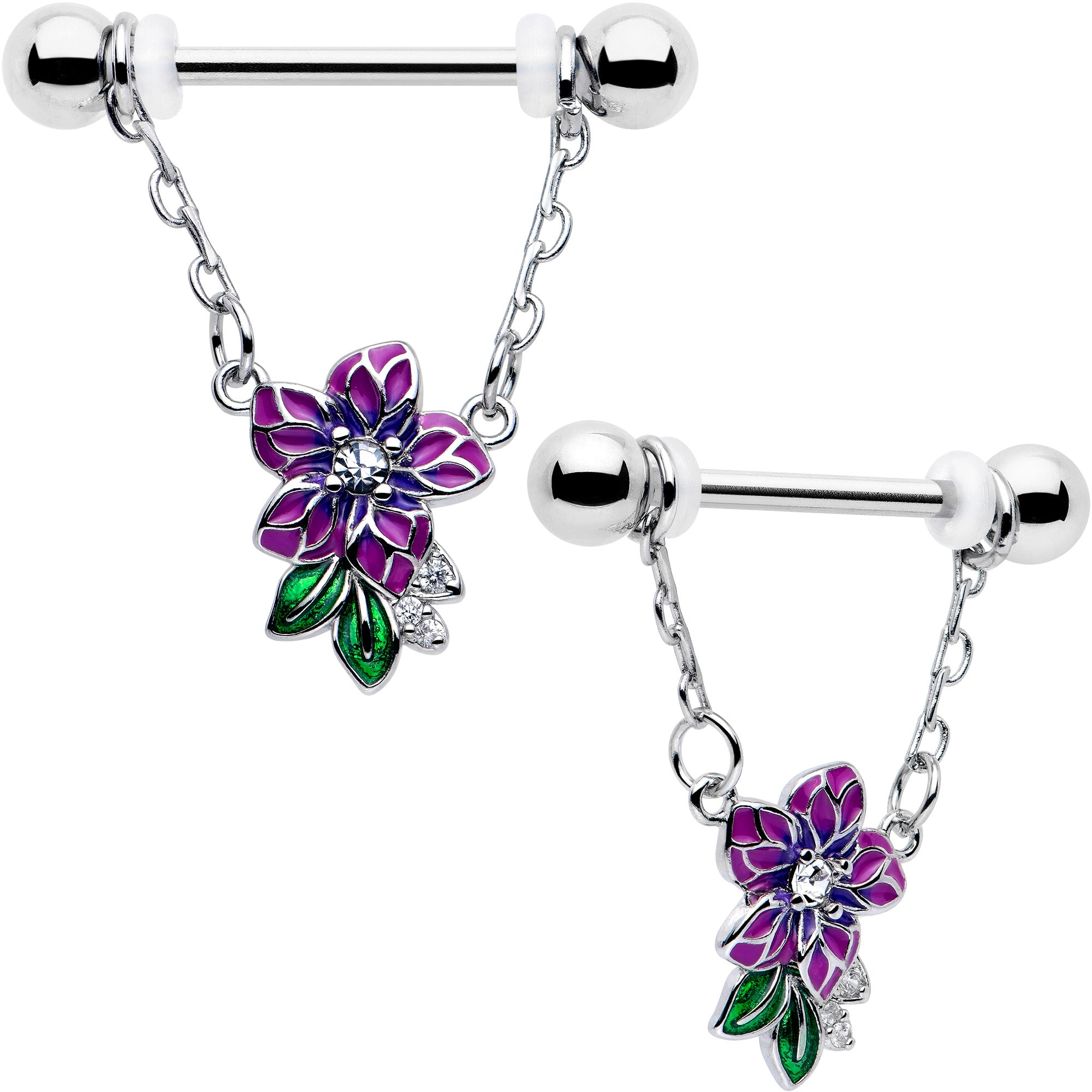 14 Gauge Clear CZ Gem Flower Purple Chain Dangle Nipple Rings
