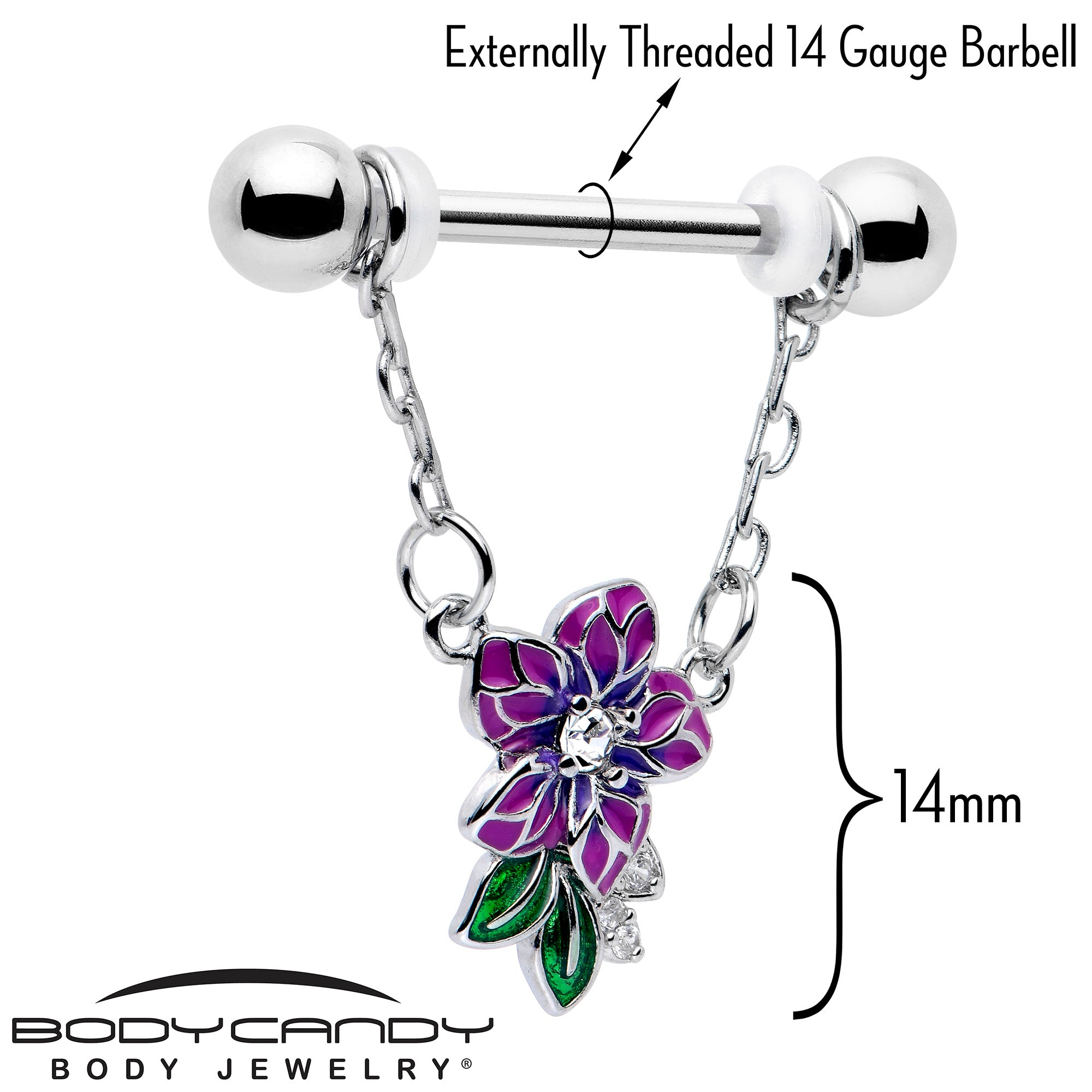 14 Gauge Nipple Ring Set with Clear CZ Flower Purple Chain Dangle